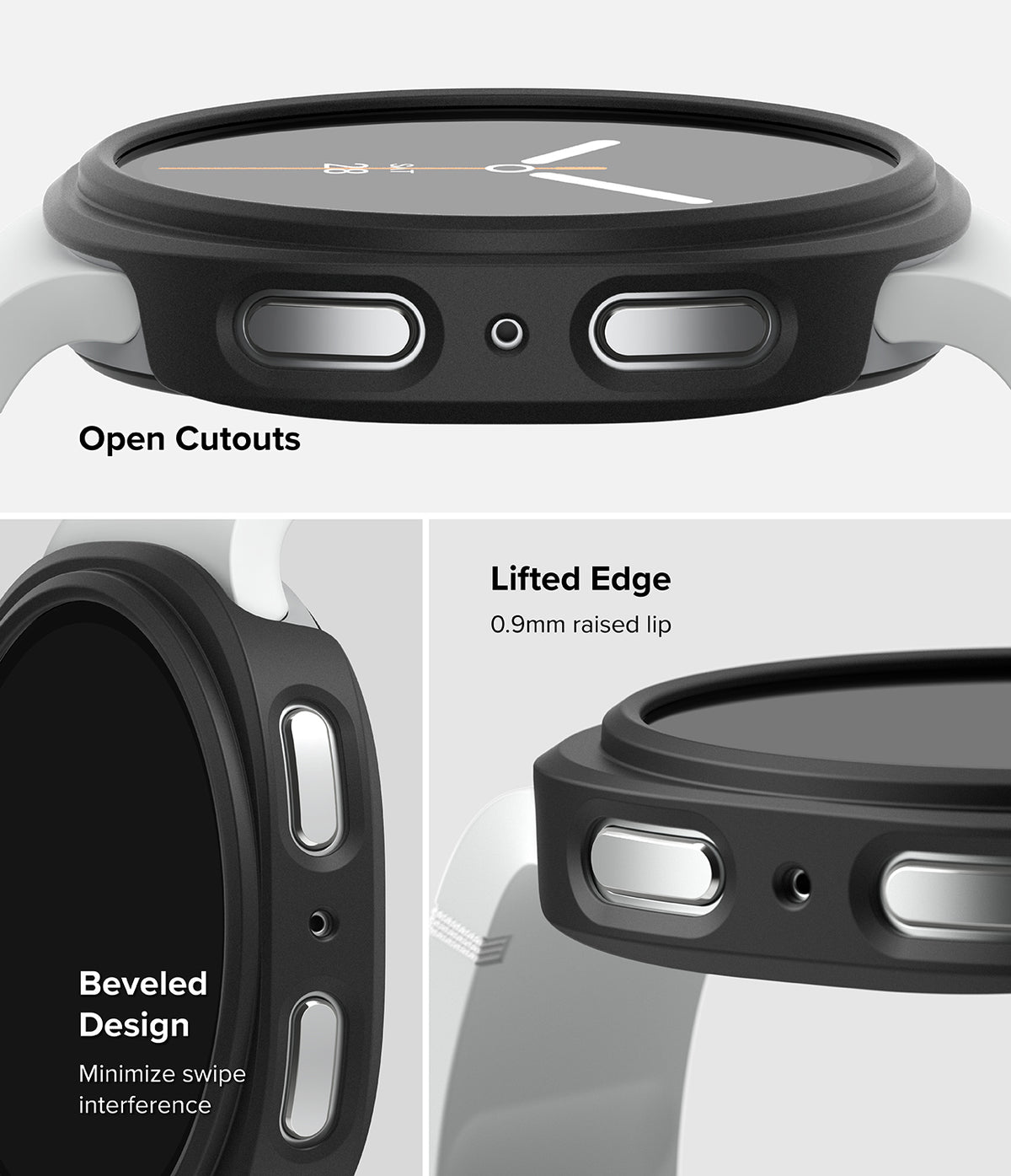 Galaxy Watch 9 / 8 44mm Case | Slim - Three-panel product detail graphic showing the bottom edge of a black smartwatch case with cutouts, a lifted 0.9mm lip, and a beveled design, labeled 'Open Cutouts,' 'Lifted Edge,' and 'Beveled Design.