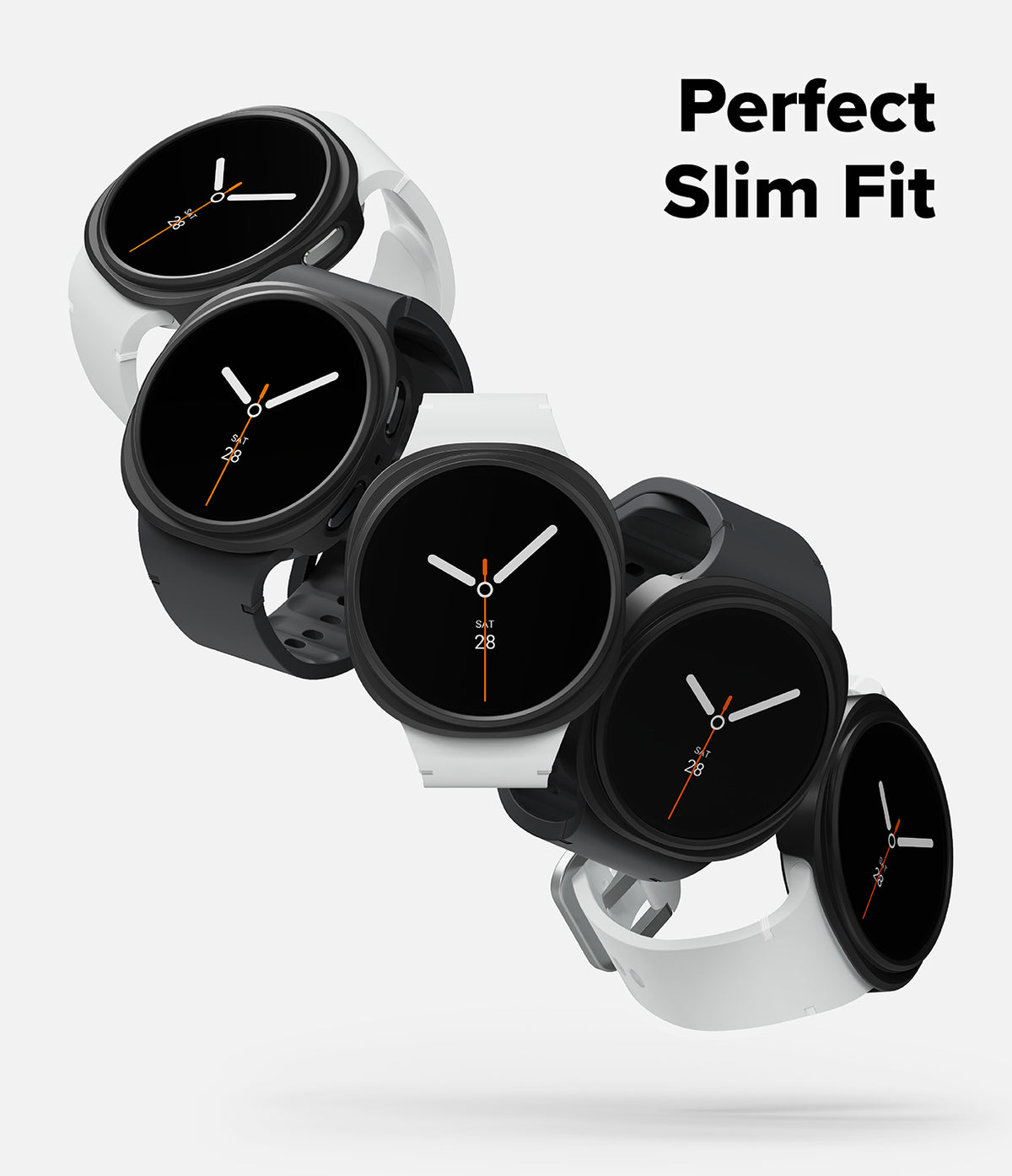 Galaxy Watch 9 / 8 44mm Case | Slim - Five smartwatches with round black faces and slim white or black bands are arranged diagonally on a light gray background, with the text 'Perfect Slim Fit' in the top right.
