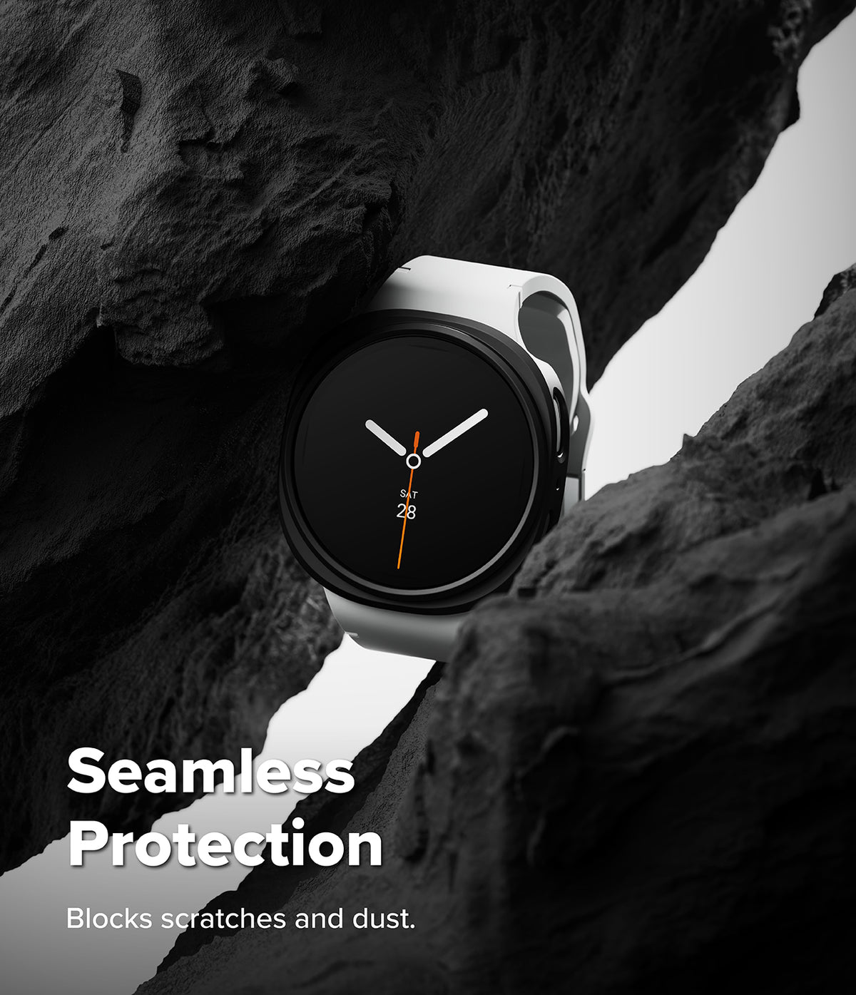 Galaxy Watch 9 / 8 44mm Case | Slim - A smartwatch with a white band and black round face is nestled between dark rock formations. Large white text at the bottom reads 'Seamless Protection' with smaller text 'Blocks scratches and dust.