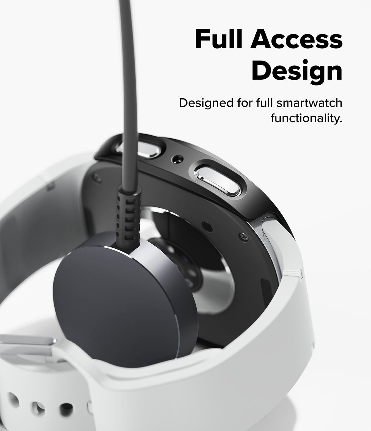 Galaxy Watch 9 / 8 44mm Case | Slim - A close-up of a smartwatch with a black circular earpiece or speaker component and a white band, shown against a light gray background with the text 'Full Access Design' and 'Designed for full smartwatch functionality.'.