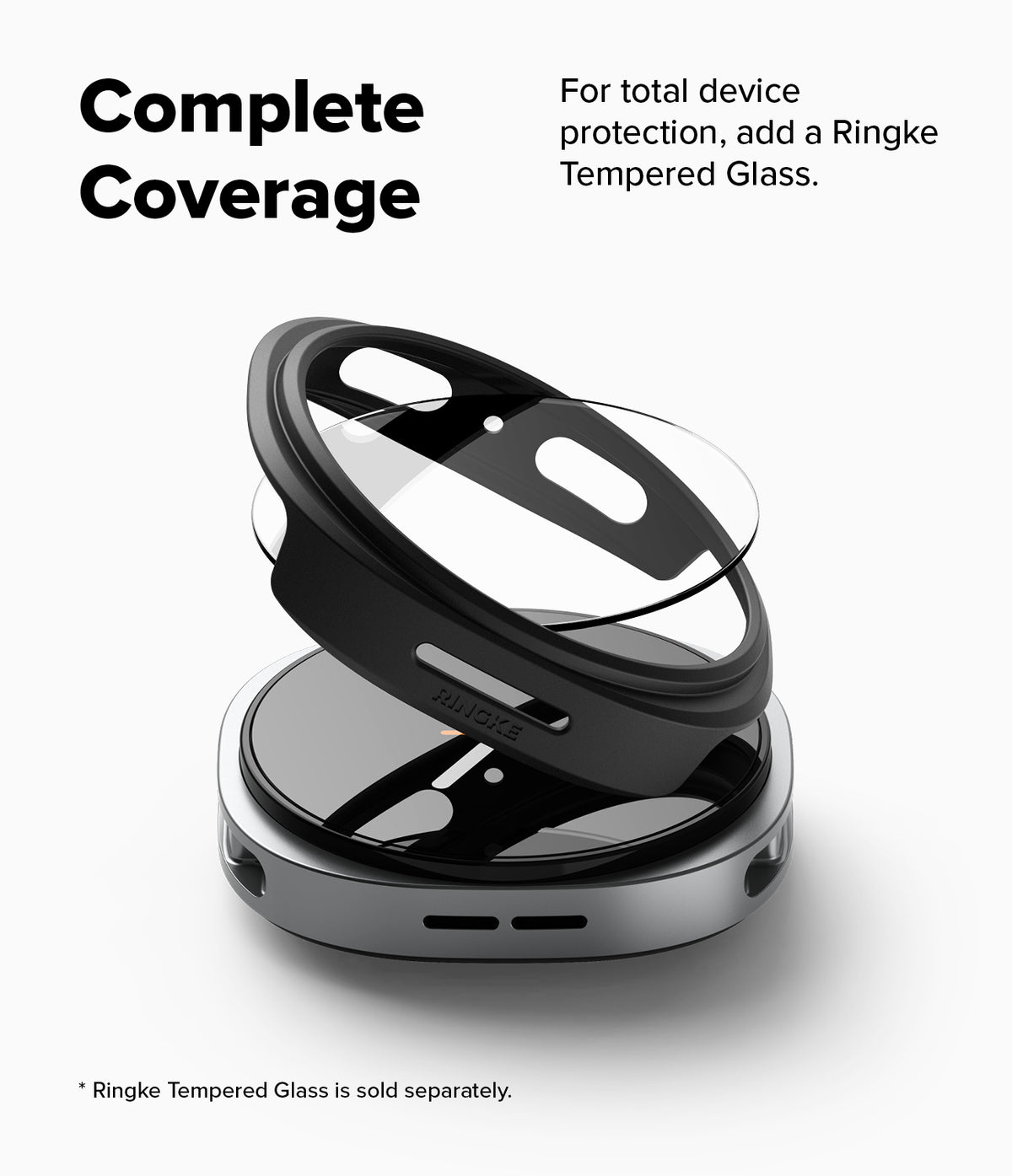 Galaxy Watch 9 / 8 44mm Case | Slim - A clear Ringke tempered glass screen protector is shown floating above a black and silver smartwatch case on a white background, with text stating 'Complete Coverage' and noting the glass is sold separately.