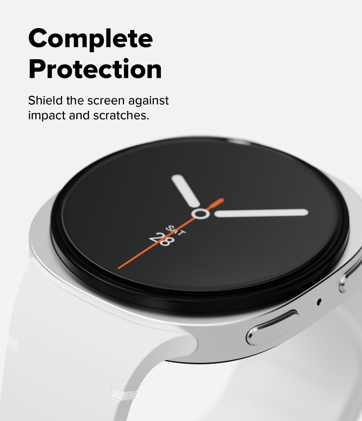 Galaxy Watch 8 44mm Screen Protector | Tempered Glass Pro - Close-up of a white smartwatch with a clear tempered glass screen protector applied.