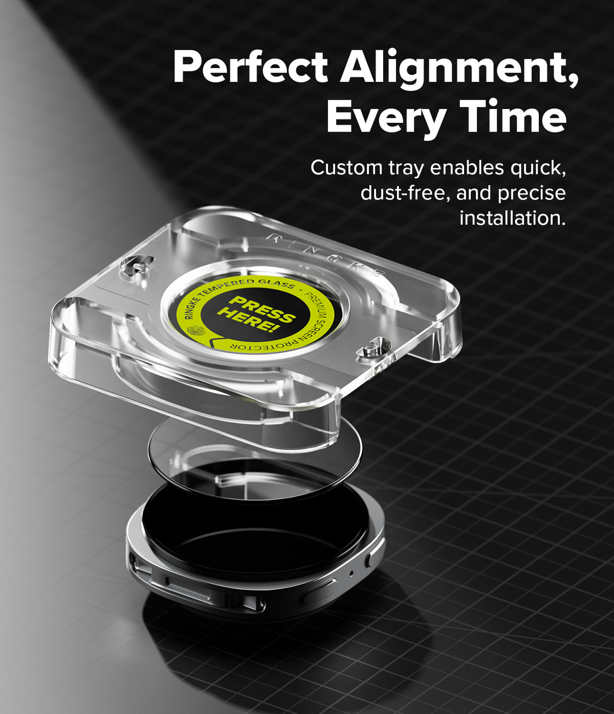 Galaxy Watch 8 44mm Screen Protector | Tempered Glass Pro - Installation tray hovering over glass and smartwatch.