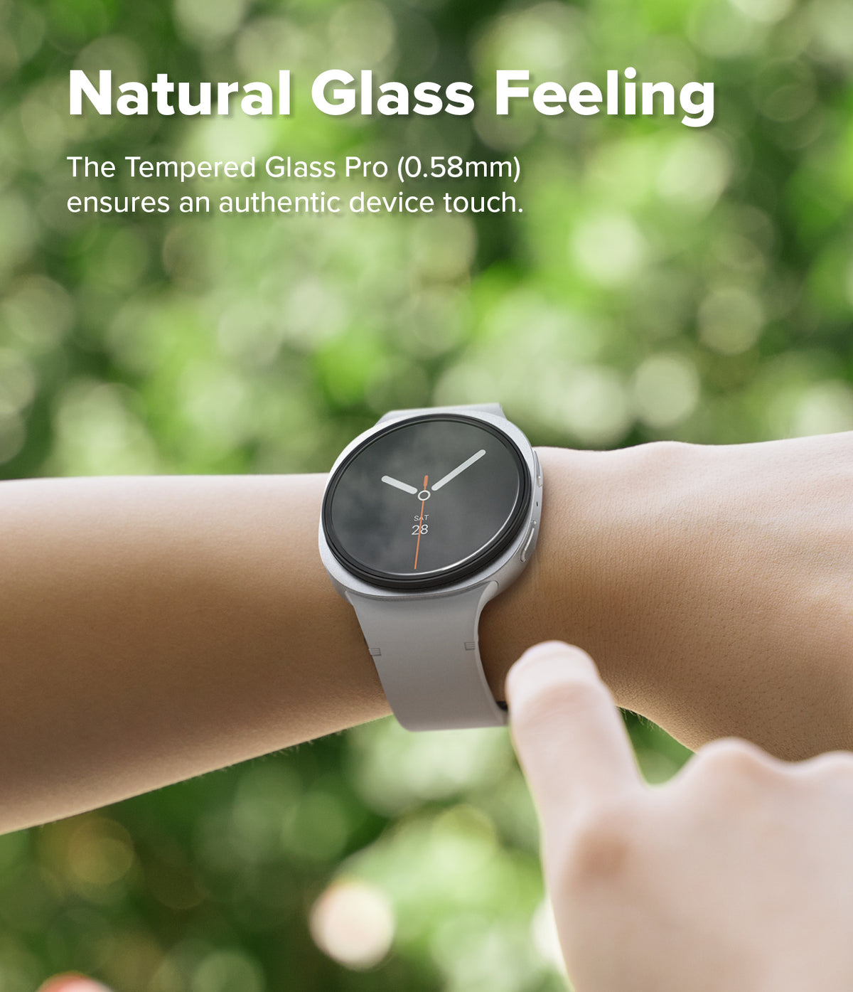 Galaxy Watch 8 44mm Screen Protector | Tempered Glass Pro - A person touches a Galaxy Watch 8 with a tempered glass screen protector.