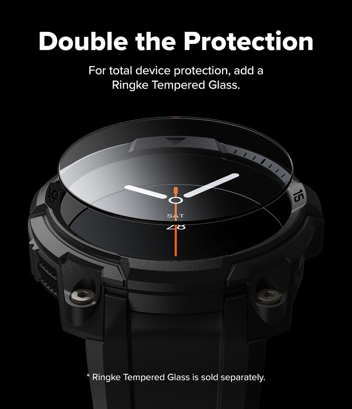 Galaxy Watch 9 / 8 44mm Case + Band | Rugged Gear - Smartwatch with a protective glass cover on a black background, promoting Ringke Tempered Glass.