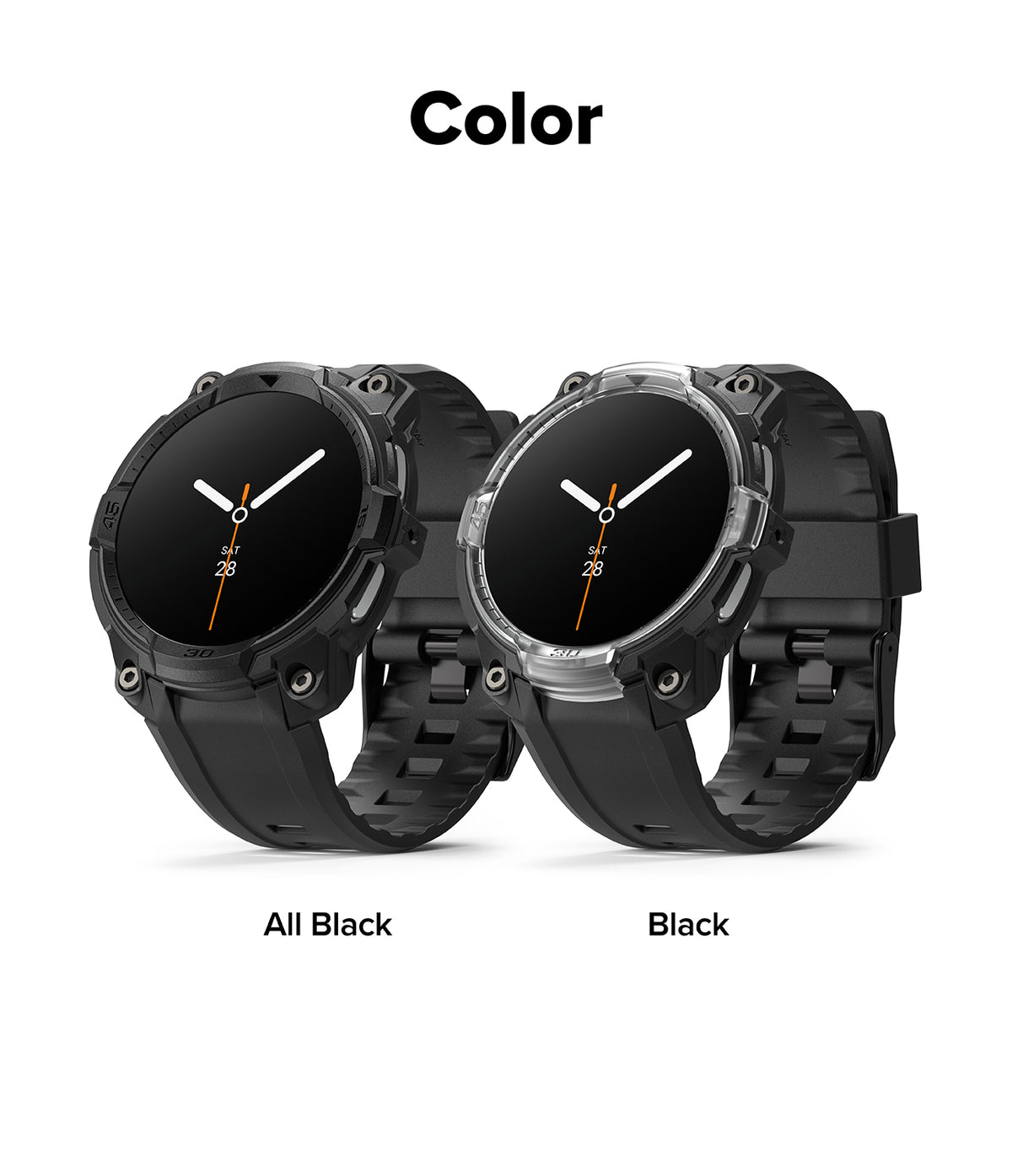 Galaxy Watch 9 / 8 44mm Case + Band | Rugged Gear - Two black watches with different band designs on a white background