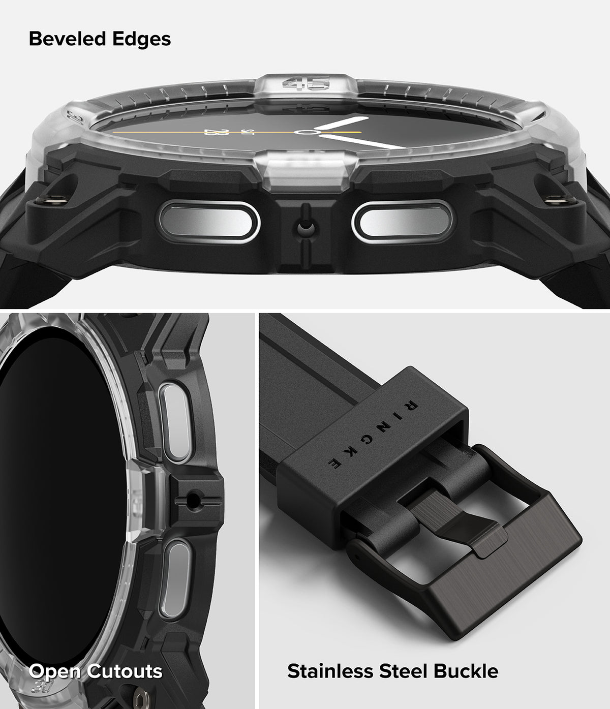 Galaxy Watch 8 44mm Case + Band | Rugged Gear - Close-up of a watch with beveled edges, open cutouts, and stainless steel buckle on a white background.