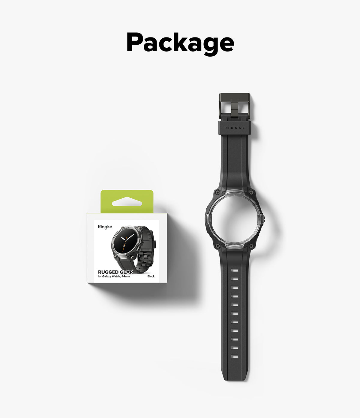 Galaxy Watch 8 44mm Case + Band | Rugged Gear - A black rugged smartwatch band shown next to its retail box under the heading 'Package' on a light gray background.