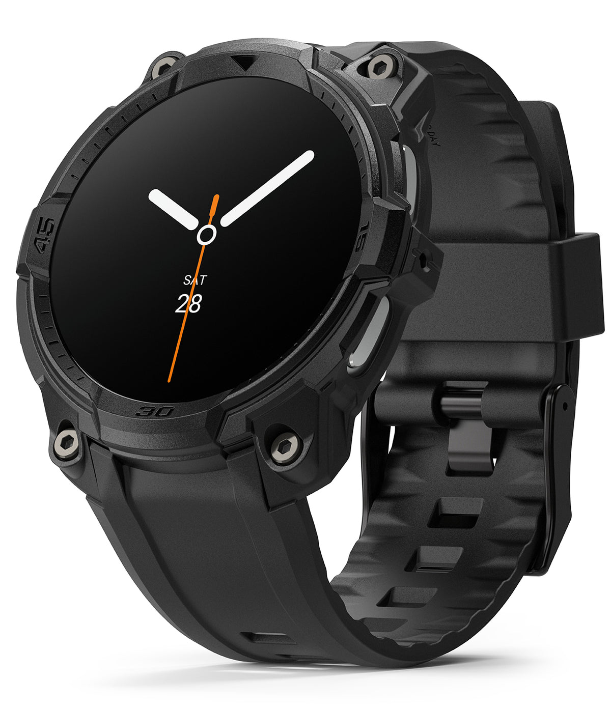 Galaxy Watch 9 / 8 44mm Case + Band | Rugged Gear - Galaxy Watch 8 44mm Case + Band - Black rugged protective watch case and textured silicone strap on a smartwatch.