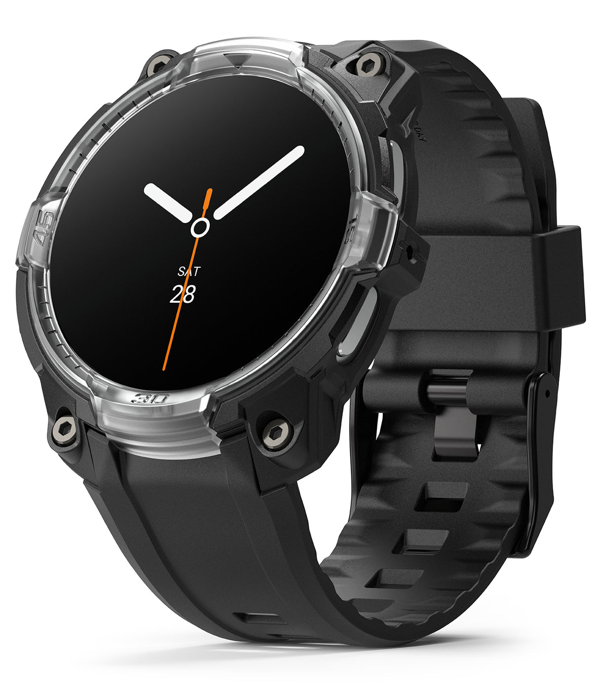 Galaxy Watch 8 44mm Case + Band | Rugged Gear - Black rugged watch case and silicone band with a clear protective bezel.