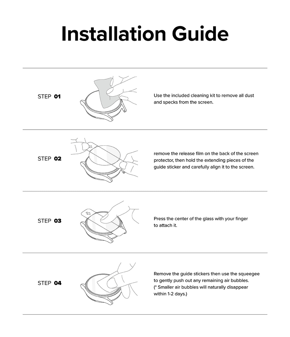 Galaxy Watch Ultra 2 Screen Protector | Tempered Glass (4 Pack) - R9 - An installation guide sheet with four numbered steps showing line drawings of a hand applying a cleaning film to a glass screen protector and peeling off guide stickers.