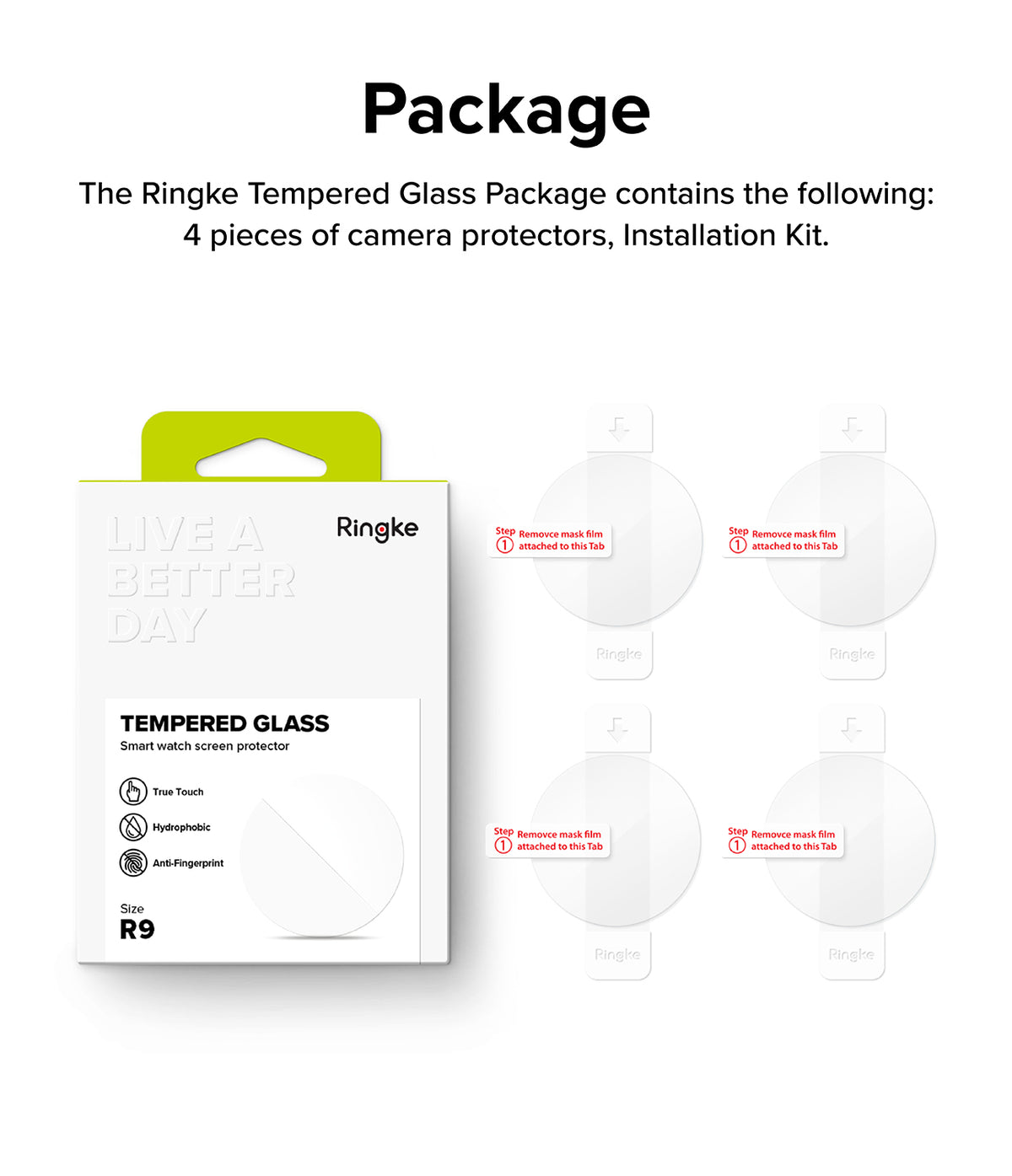Galaxy Watch Ultra 2 Screen Protector | Tempered Glass (4 Pack) - R9 - Ringke tempered glass camera protector package set on a white background, showing the retail box and four round clear protector pieces with red installation instructions.