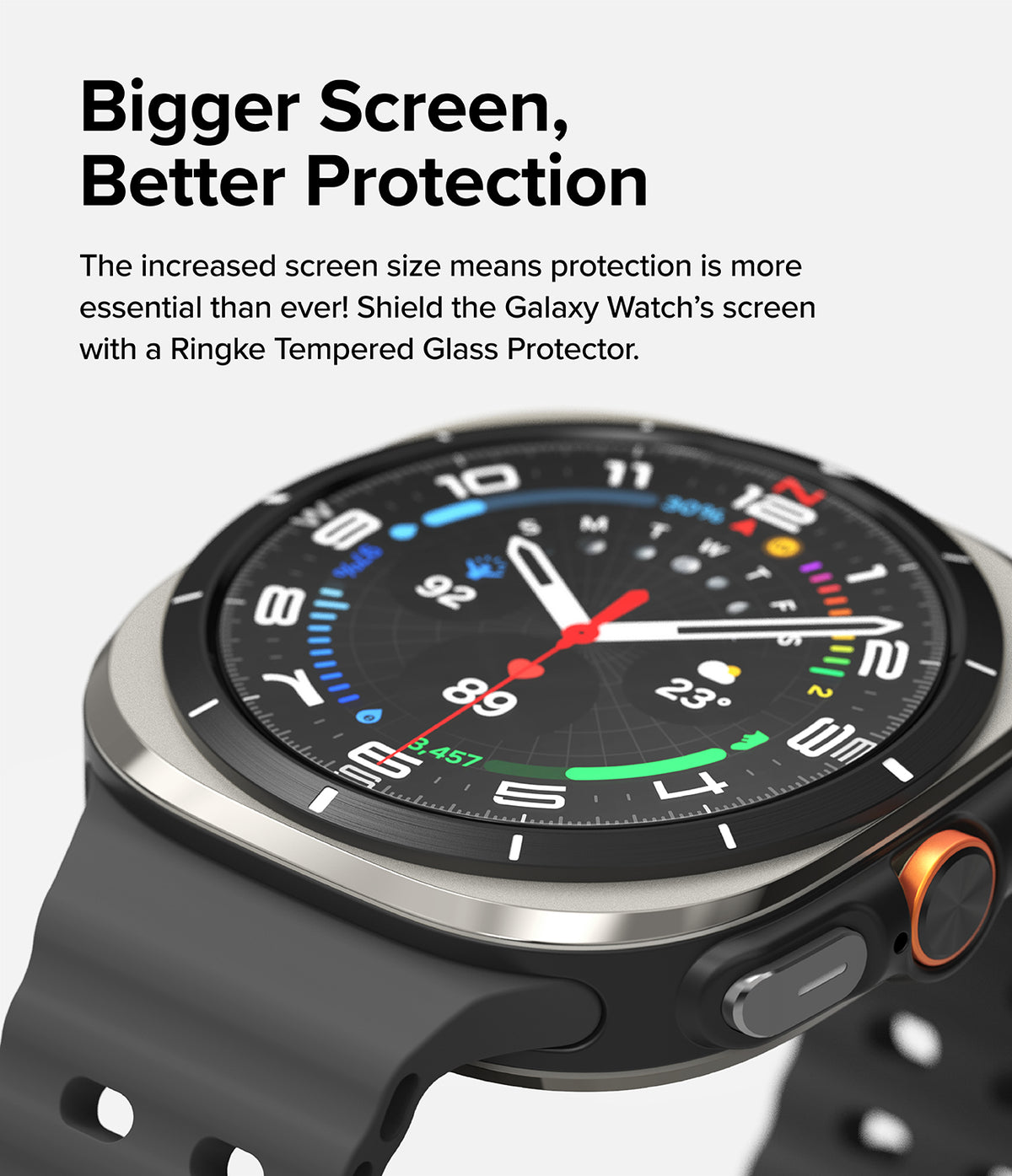 Galaxy Watch Ultra 2 Screen Protector | Tempered Glass (4 Pack) - R9 - A close-up of a smartwatch with a black strap, silver bezel, and colorful analog-style display, shown on a light gray background with promotional text about screen protection.