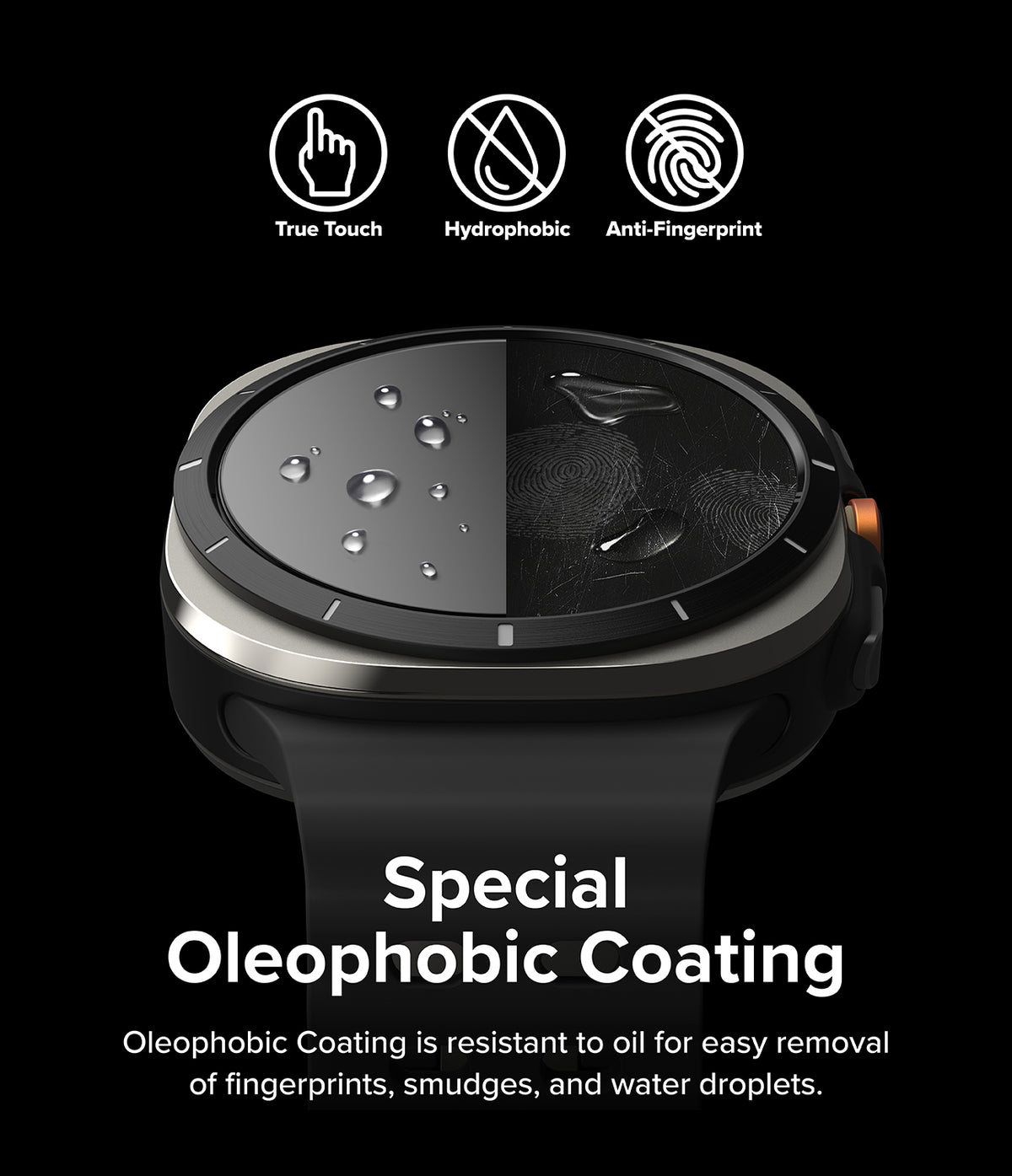 Galaxy Watch Ultra 2 Screen Protector | Tempered Glass (4 Pack) - R9 - A black smartwatch shown on a black background with feature icons for True Touch, Hydrophobic, and Anti-Fingerprint, plus text reading 'Special Oleophobic Coating' and a description of oil-resistant fingerprint removal.