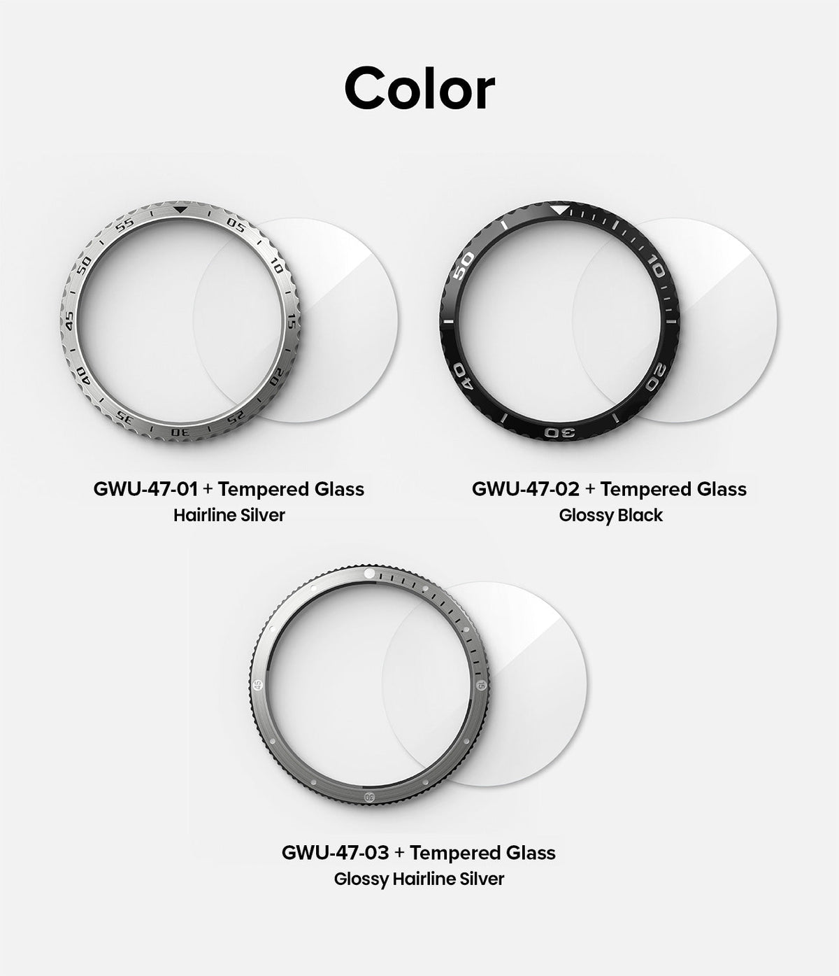 Galaxy Watch Ultra | Bezel Styling & Glass - Three Galaxy Watch Ultra bezel styles in silver, black, and glossy silver with tempered glass.