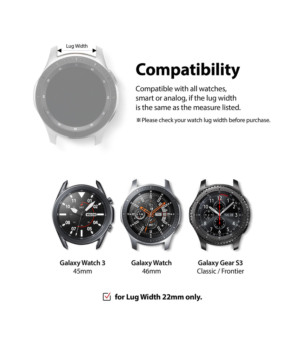 Watch Lug 22mm | Metal One Band α - Silver - Diagram showing 22mm lug width compatibility for Galaxy Watch models.