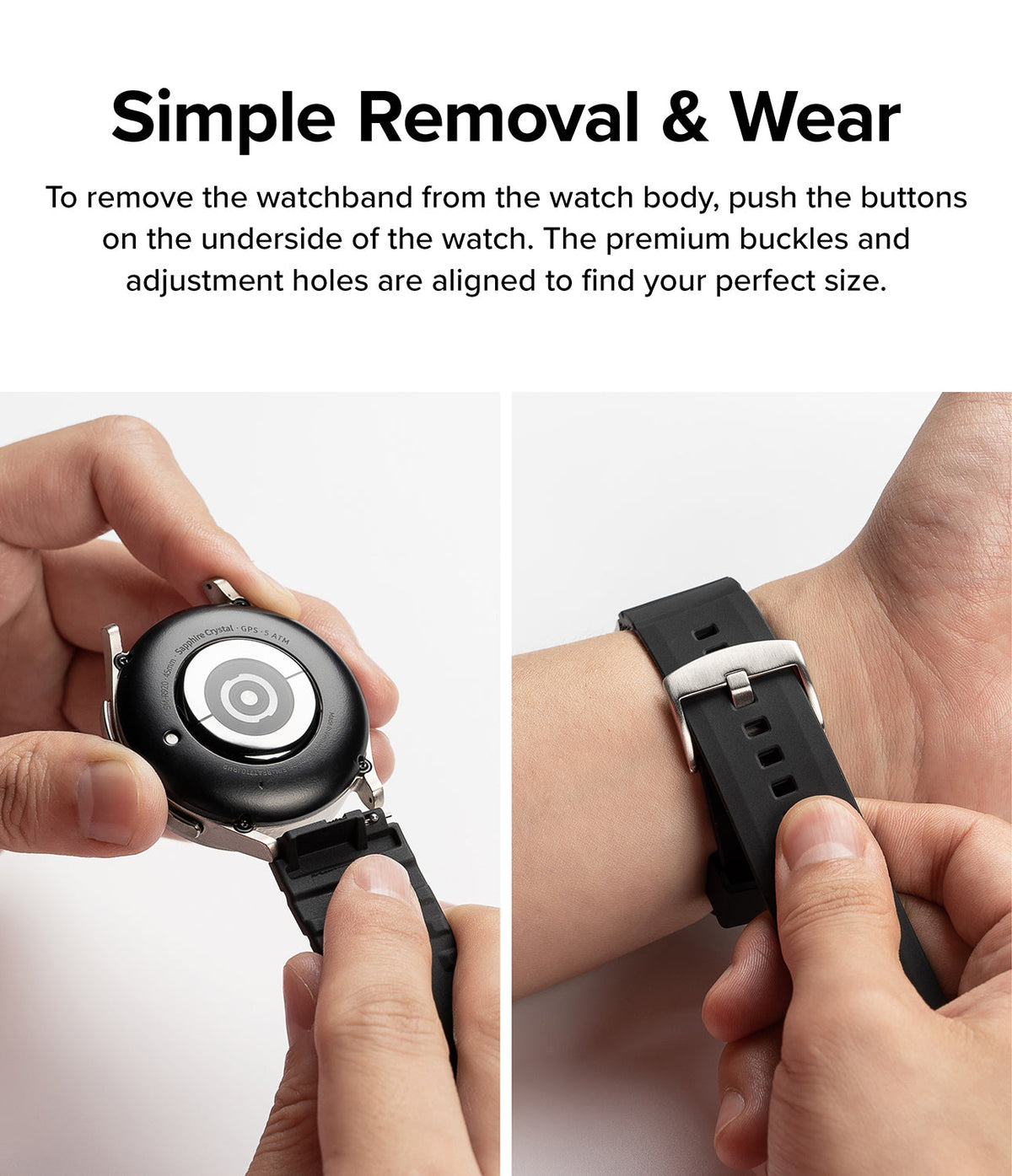 Watch Lug 20mm | Rubber One Bold Band - Design - Hands demonstrating how to detach the watch band and fasten the buckle.