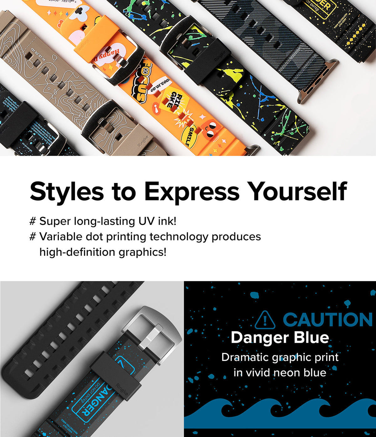 Watch Lug 20mm | Rubber One Bold Band - Design - Assorted colorful patterned watch bands with high-definition graphics.