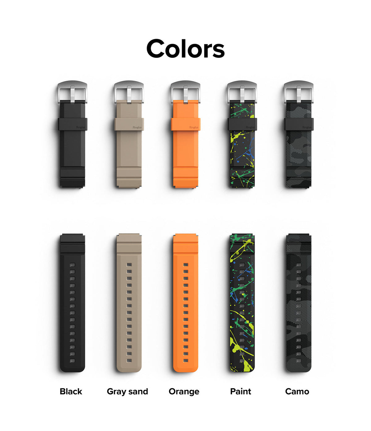 Watch Lug 20mm | Rubber One Bold Band - Design - Watch Lug 20mm | Rubber One Bold Band - Five color options for watch straps: black, gray sand, orange, paint, and camo.