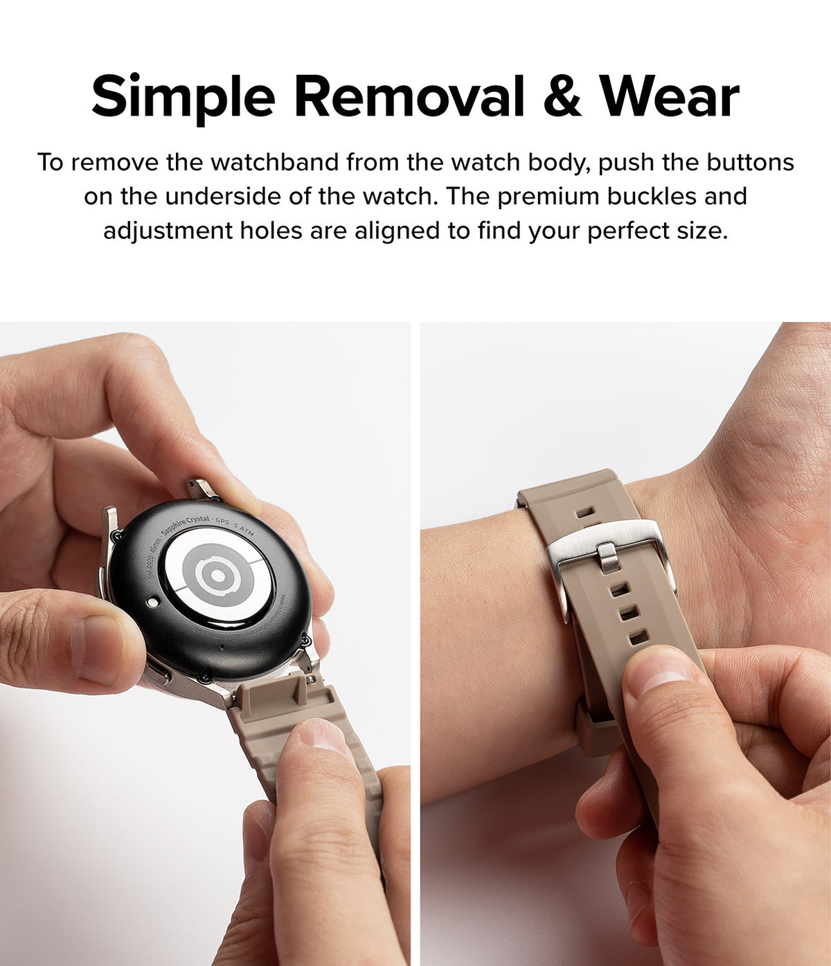 Watch Lug 20mm | Rubber One Bold Band - Design - Hands detaching a watch band and fastening the buckle on a wrist.