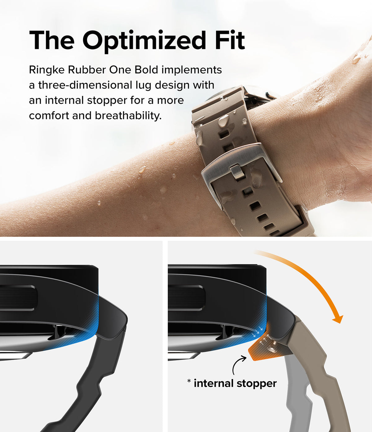 Watch Lug 20mm | Rubber One Bold Band - Design - Tan watch band on wrist with diagrams showing the internal lug stopper.
