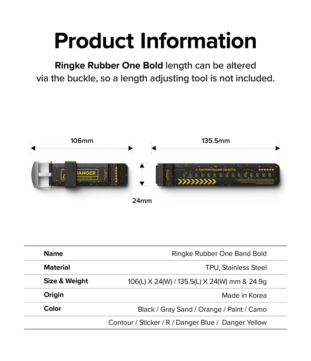 Watch Lug 20mm | Rubber One Bold Band - Design - Technical diagram showing dimensions and features of a black and yellow watch strap.