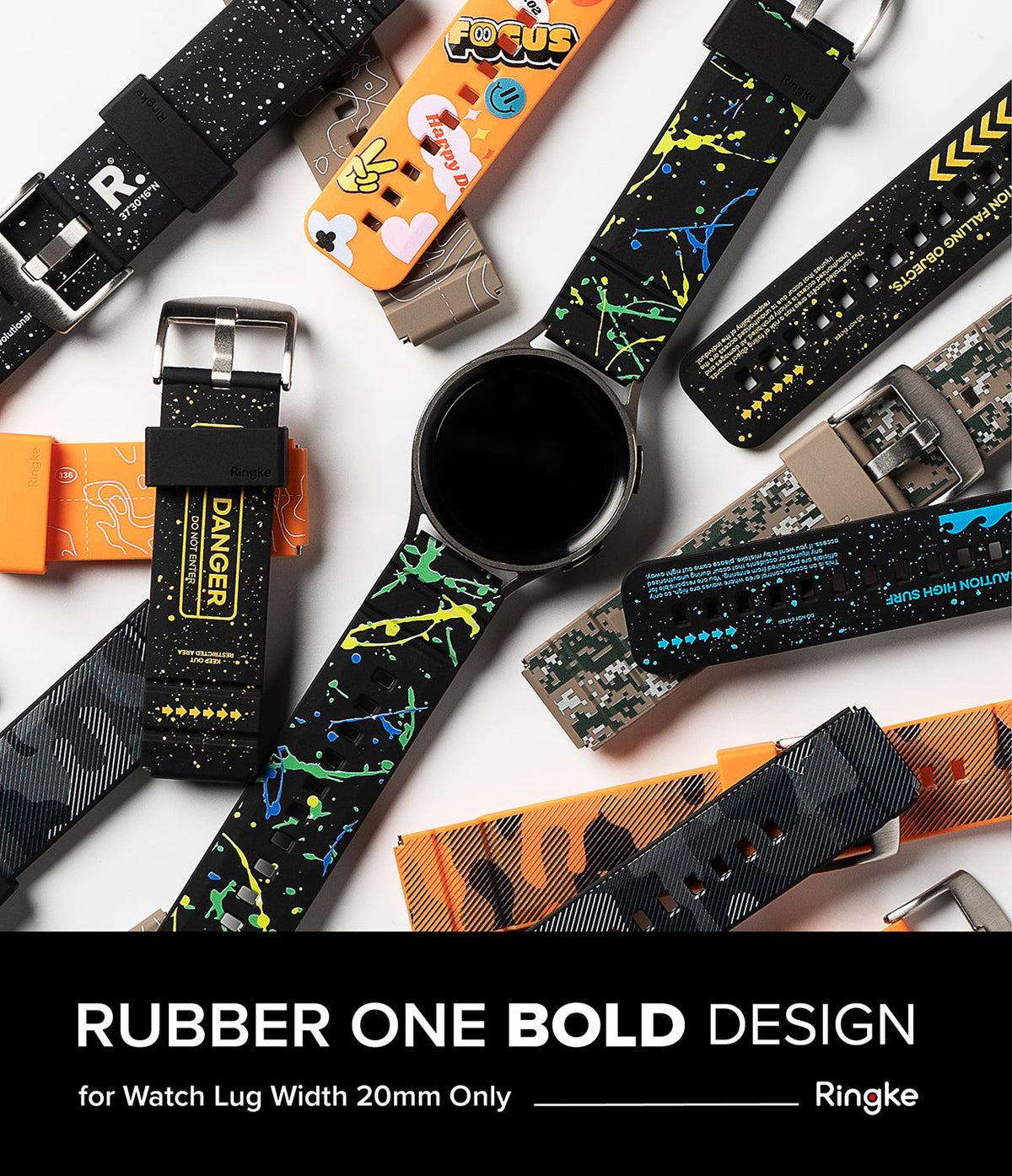 Watch Lug 20mm | Rubber One Bold Band - Design - A smartwatch with a paint-splatter band surrounded by various patterned 20mm rubber watch straps.
