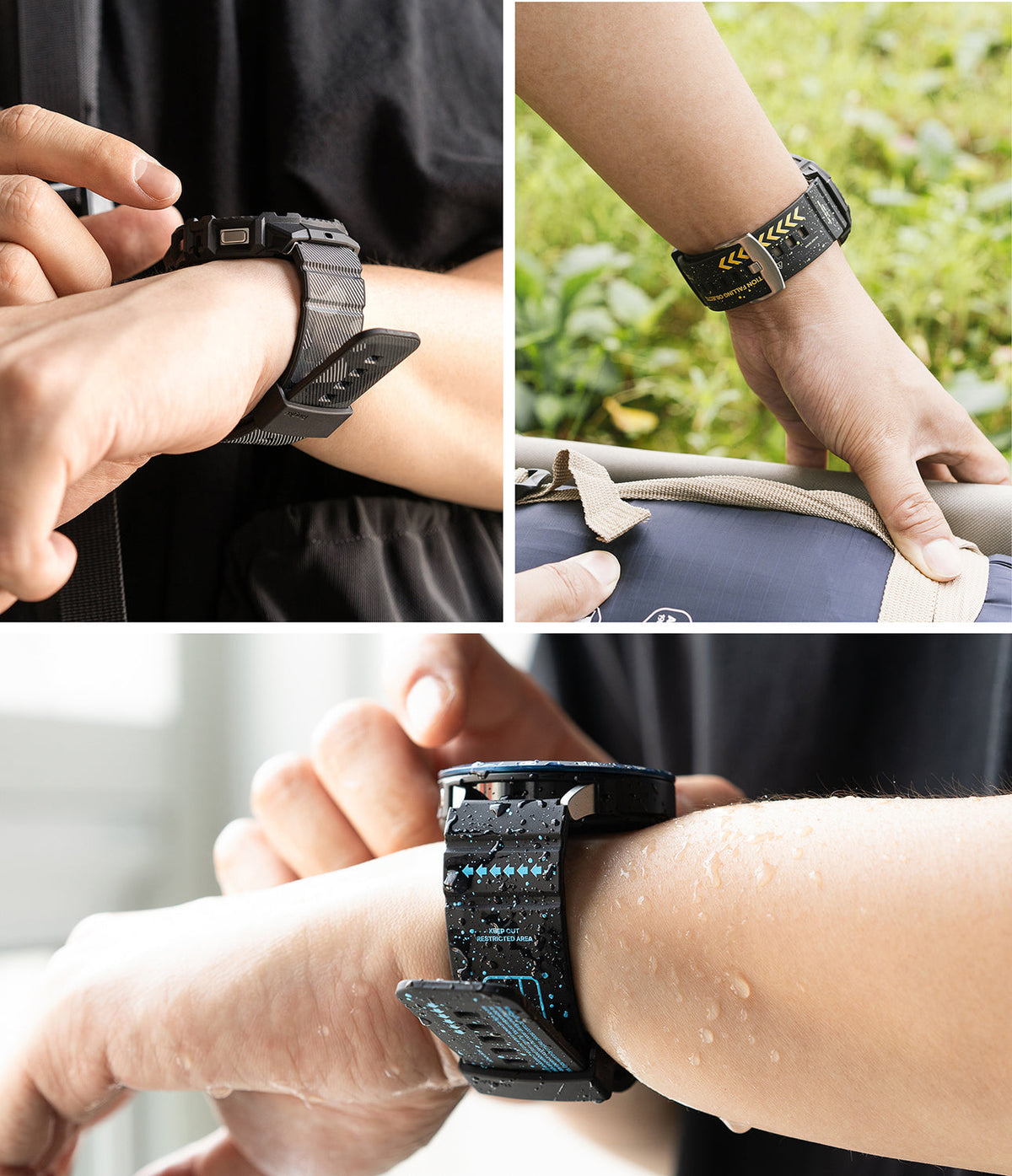Watch Lug 20mm | Rubber One Bold Band - Design - Three close-up views of a patterned black rubber watch strap on a wrist.