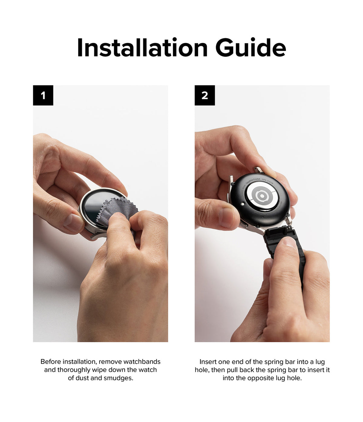 Watch Lug 20mm | Rubber One Bold Band - Design - Two-step guide showing cleaning a watch face and inserting a spring bar into the lug.