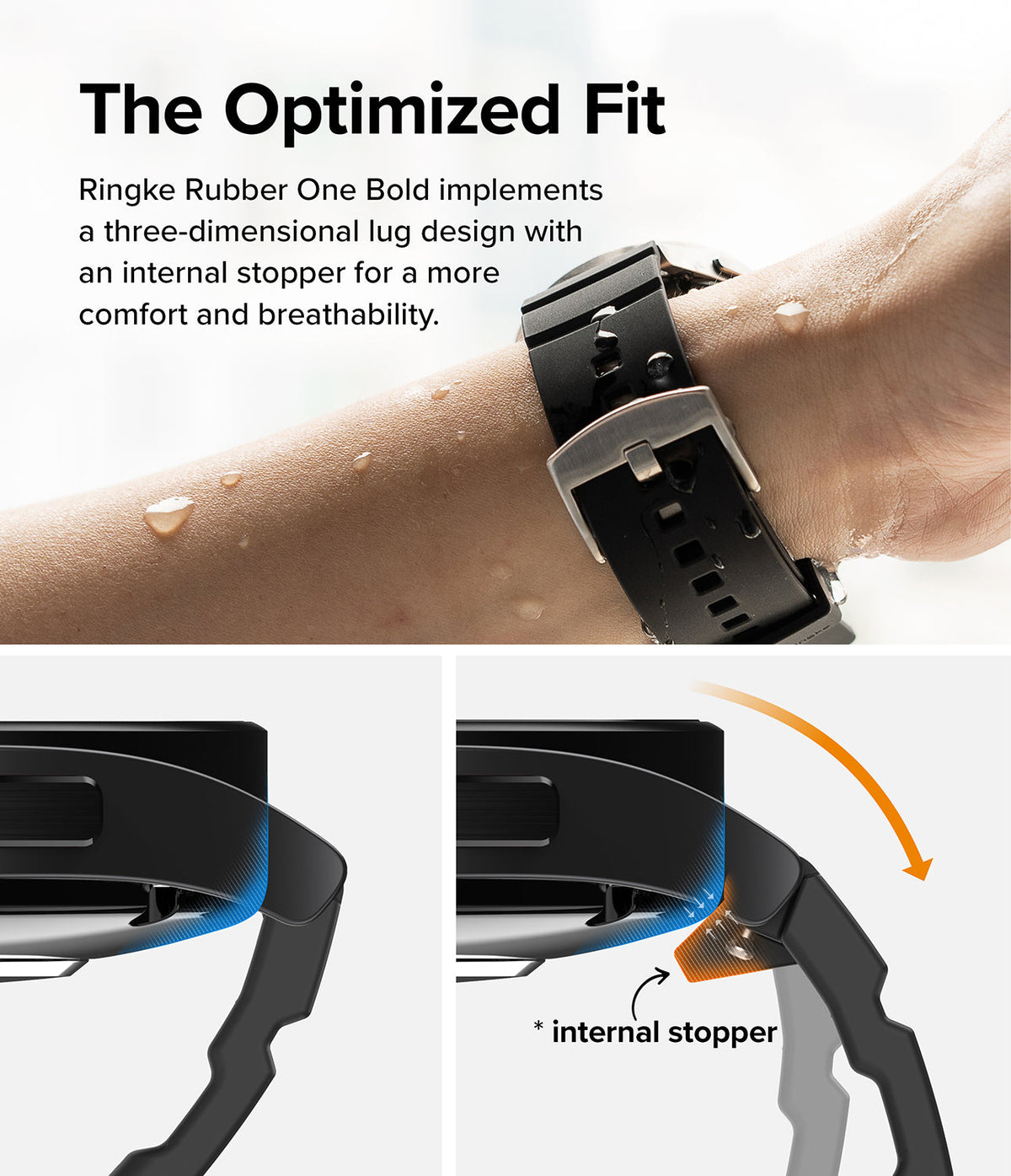 Watch Lug 20mm | Rubber One Bold Band - Design - Close-up of a black watch band on a wrist with diagrams showing the internal lug stopper mechanism.