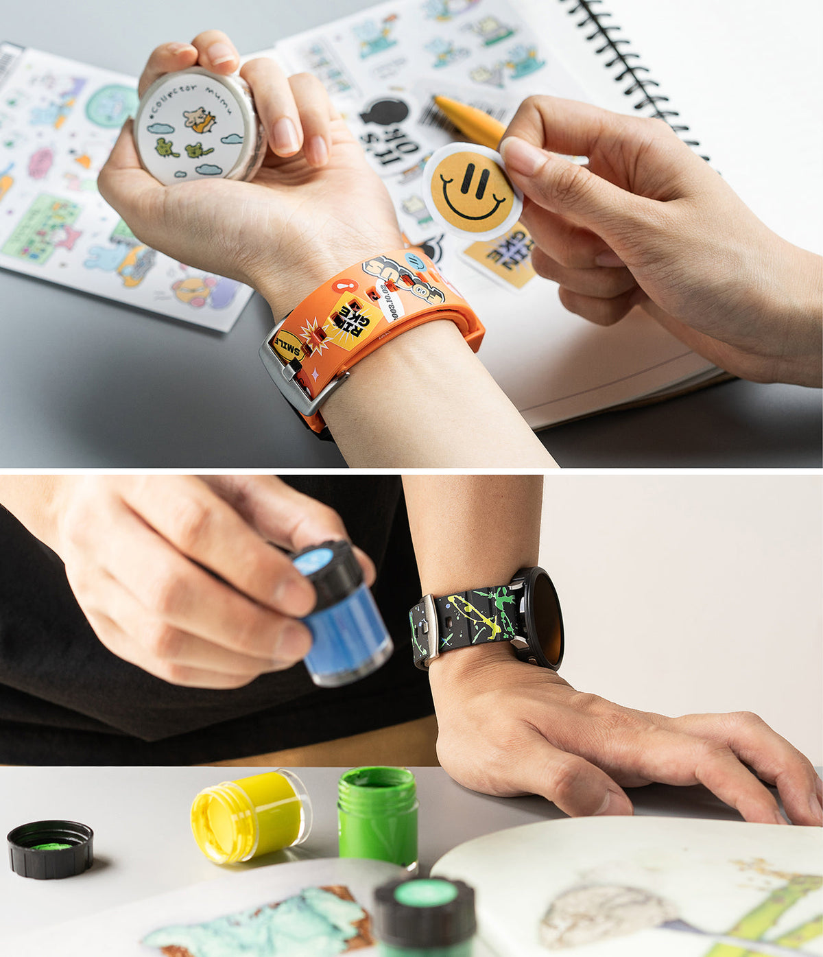 Watch Lug 20mm | Rubber One Bold Band - Design - Two views of patterned rubber watch bands on wrists with craft supplies.