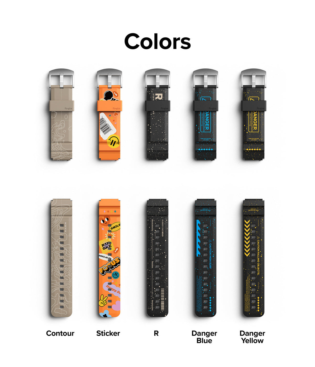 Watch Lug 20mm | Rubber One Bold Band - Design - Five 20mm watch bands in Contour, Sticker, R, Danger Blue, and Yellow.