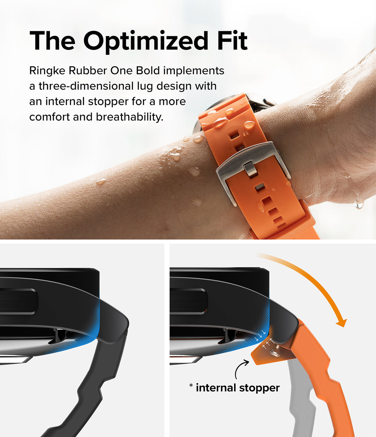 Watch Lug 20mm | Rubber One Bold Band - Design - Orange watch band on wrist with diagrams showing lug and stopper.