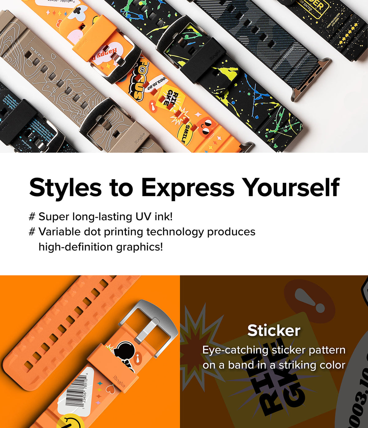 Watch Lug 20mm | Rubber One Bold Band - Design - Assorted colorful patterned watch bands with graphic sticker designs.