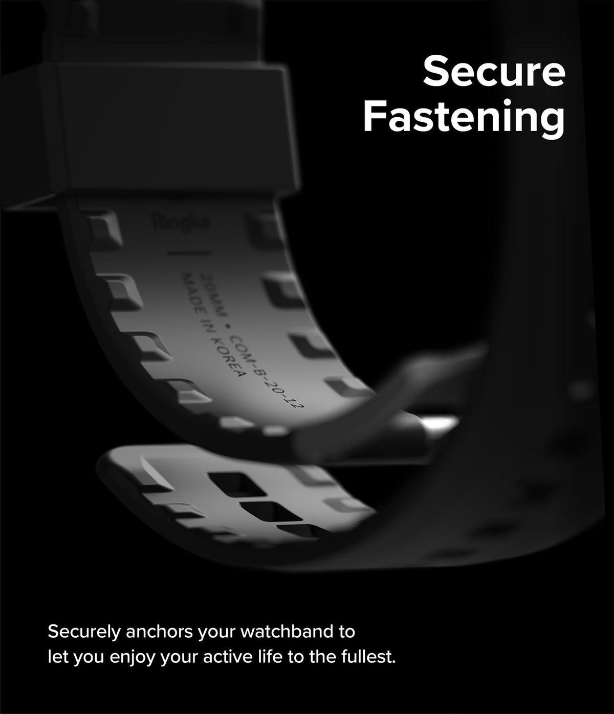 Watch Lug 20mm | Rubber One Bold Band - Close-up of a black watch band showing the secure fastening mechanism and branding.