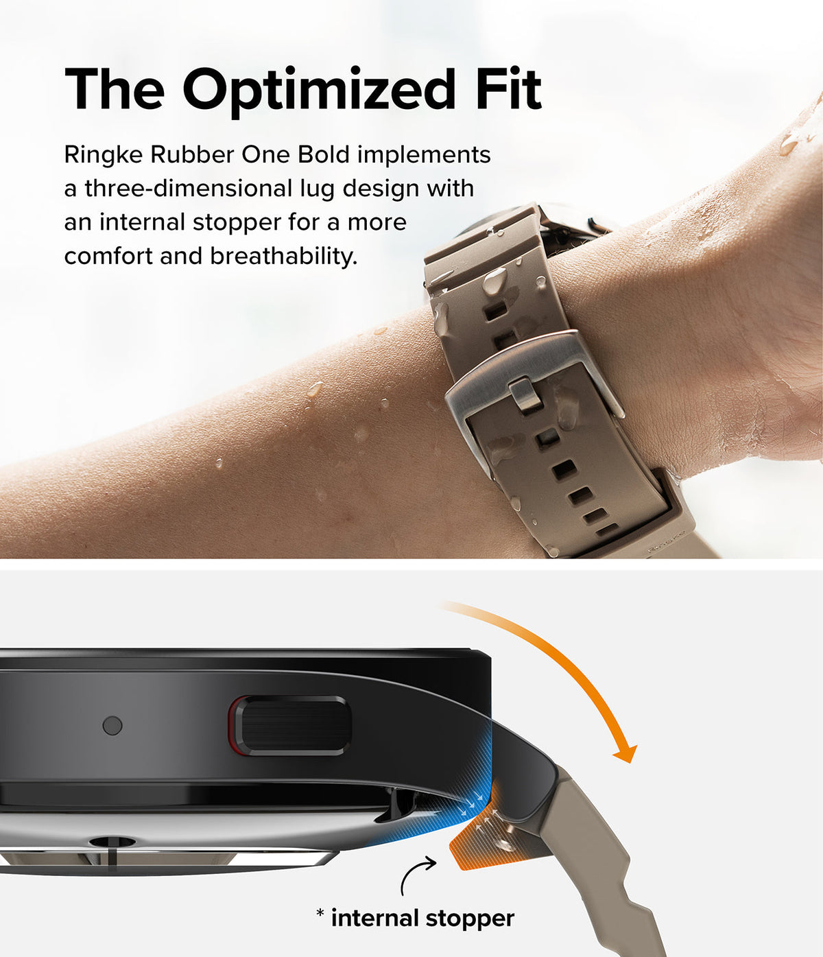 Watch Lug 20mm | Rubber One Bold Band - Close-up of a tan watch band on a wrist and a diagram showing the internal lug stopper.