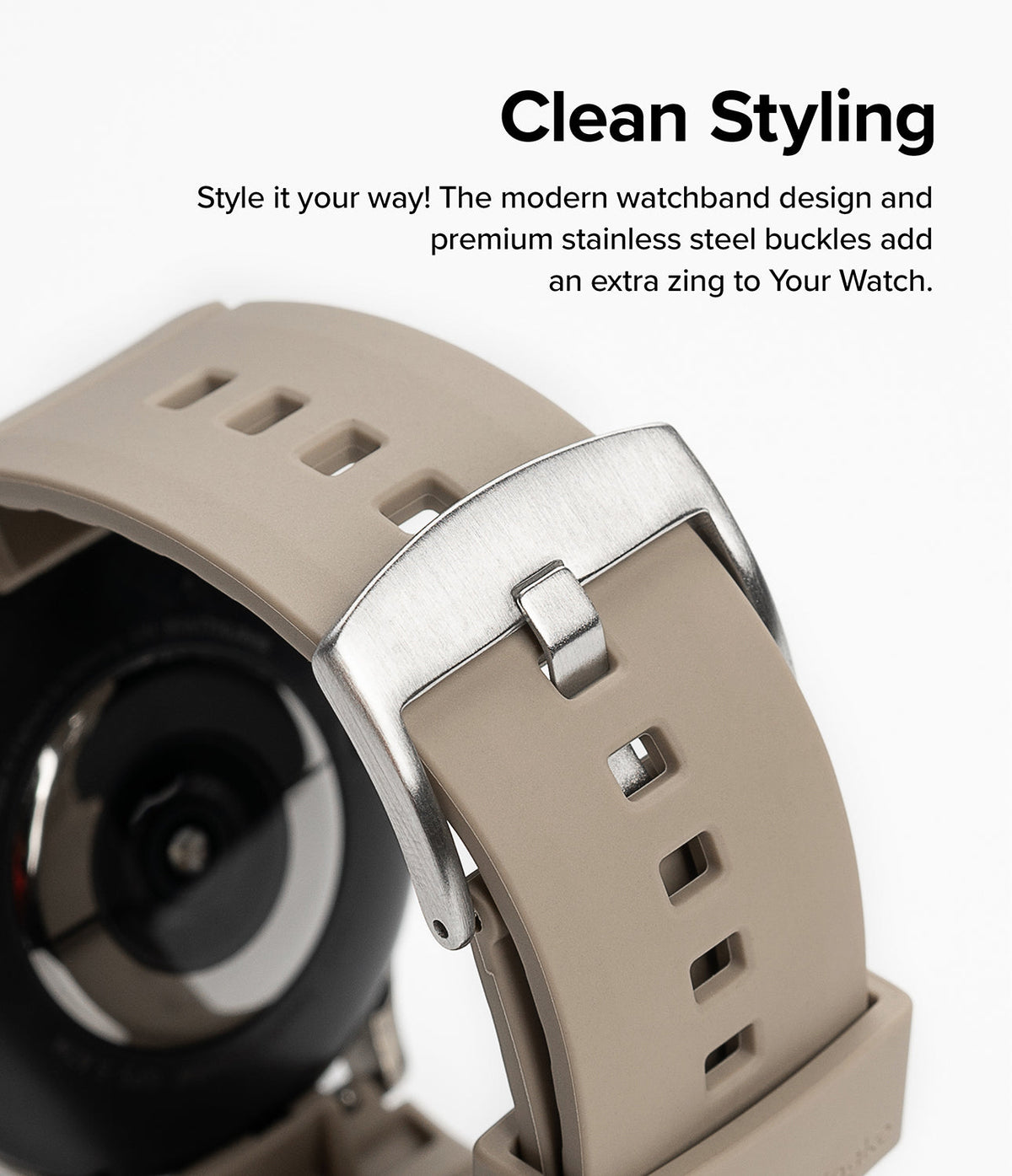 Watch Lug 20mm | Rubber One Bold Band - Close-up of a beige rubber watch band with a brushed stainless steel buckle.