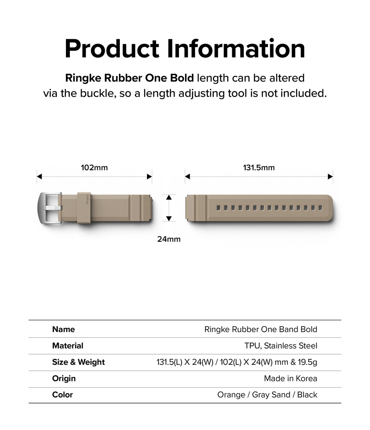 Watch Lug 20mm | Rubber One Bold Band - Technical diagram showing dimensions of a tan watch strap with a buckle.