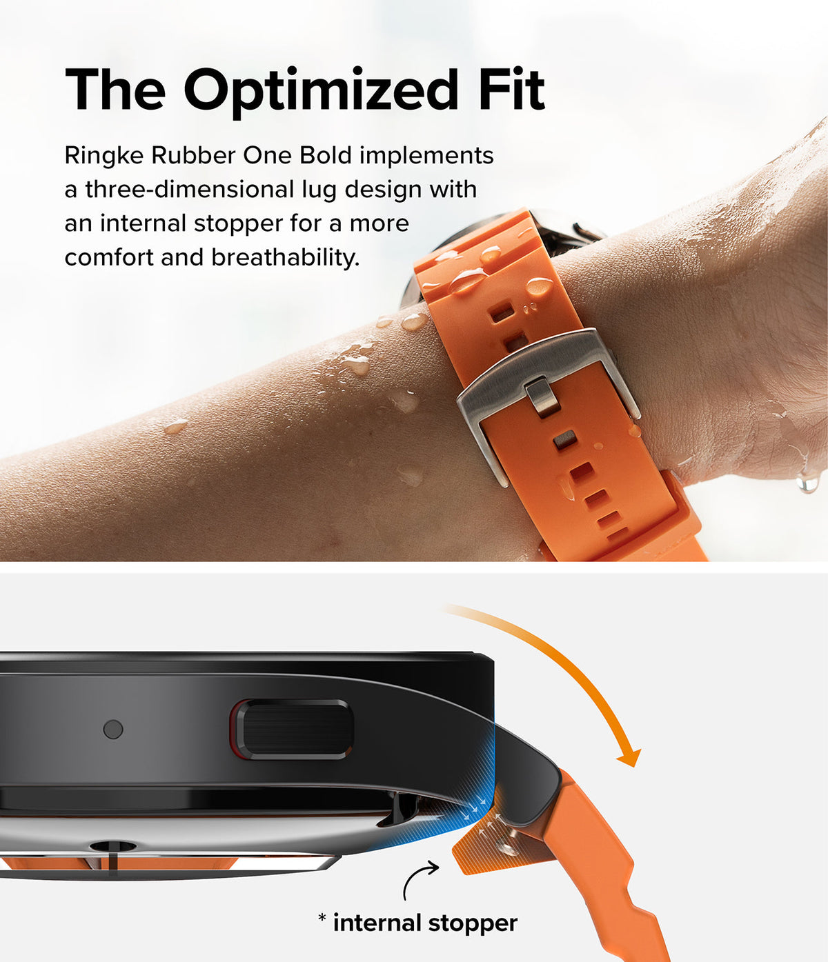 Watch Lug 20mm | Rubber One Bold Band - Orange watch strap on a wet wrist and a diagram showing the internal lug stopper.