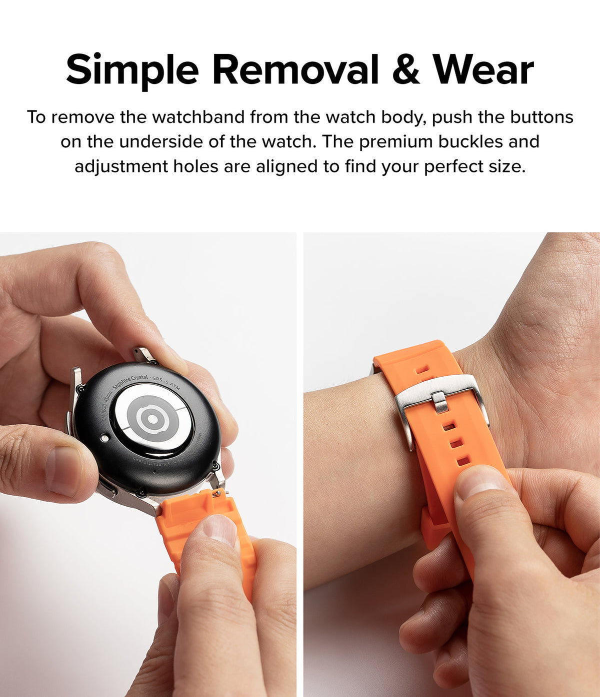 Watch Lug 20mm | Rubber One Bold Band - Hands detaching a bright orange watch band and fastening it on a wrist.