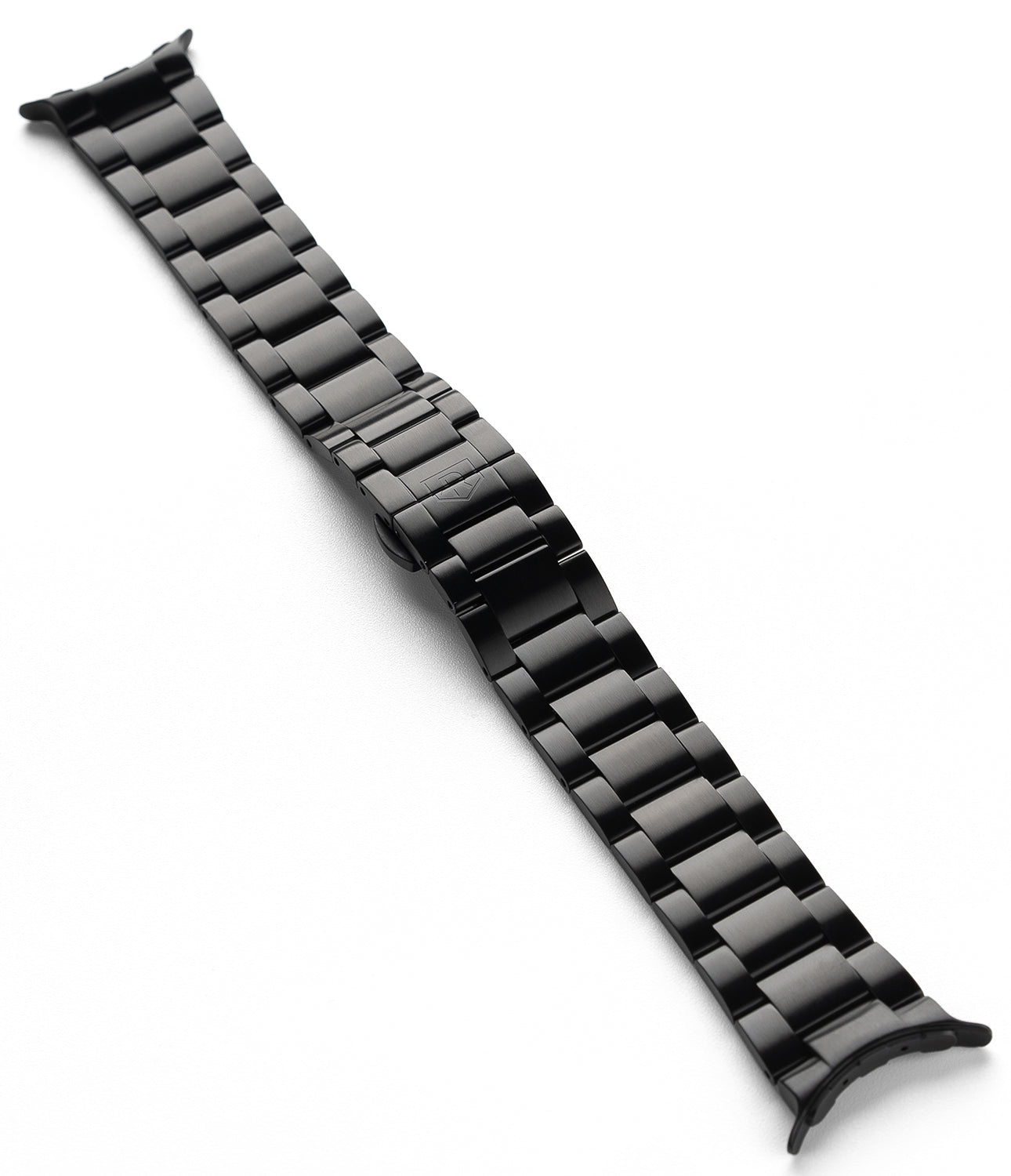 Google Pixel Watch | Metal One Band - Matte black stainless steel link watch band angled on a white background.