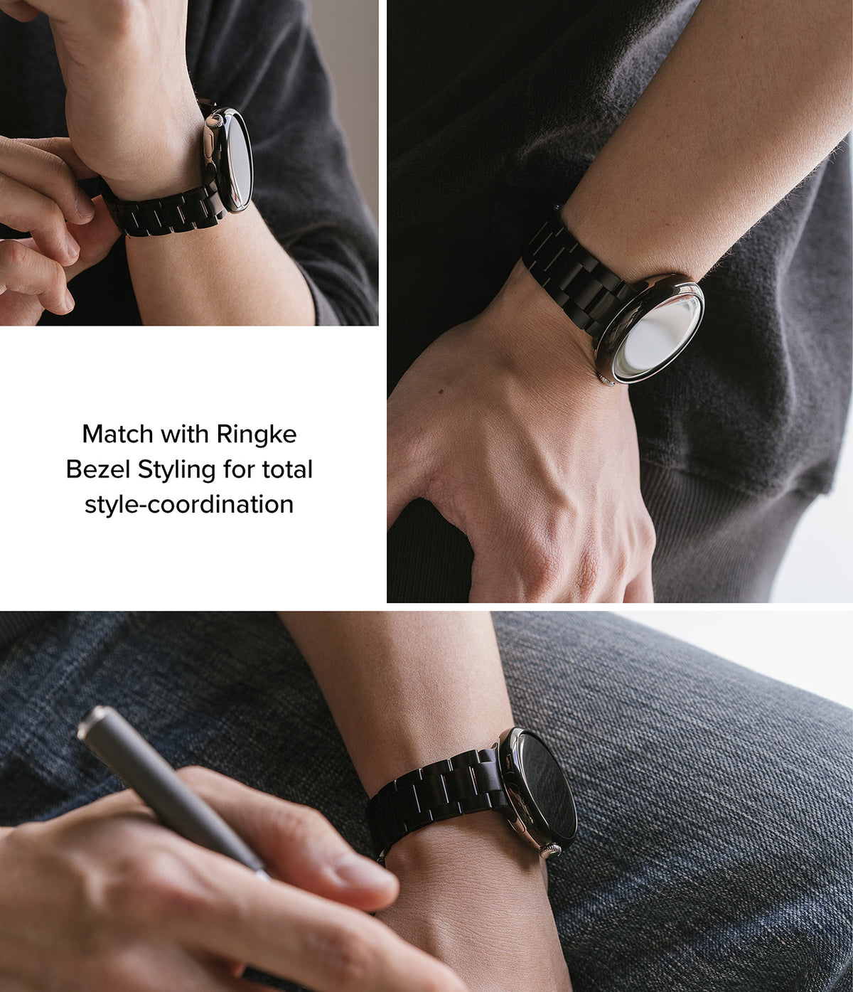 Google Pixel Watch | Metal One Band - Three close-up shots of a black metal link watch band worn on a wrist.