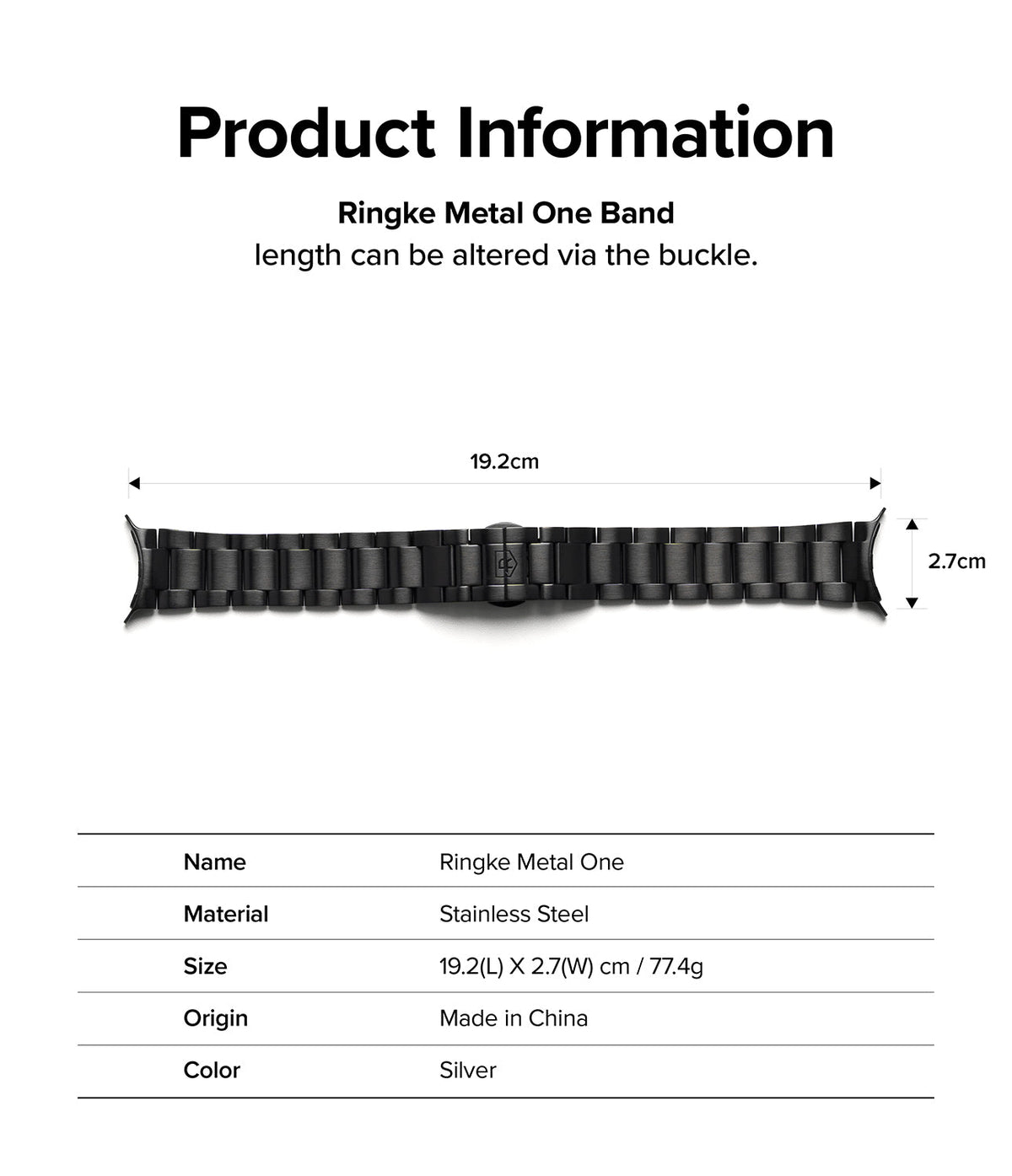Google Pixel Watch | Metal One Band - Technical specifications and dimensions for a black stainless steel watch band.