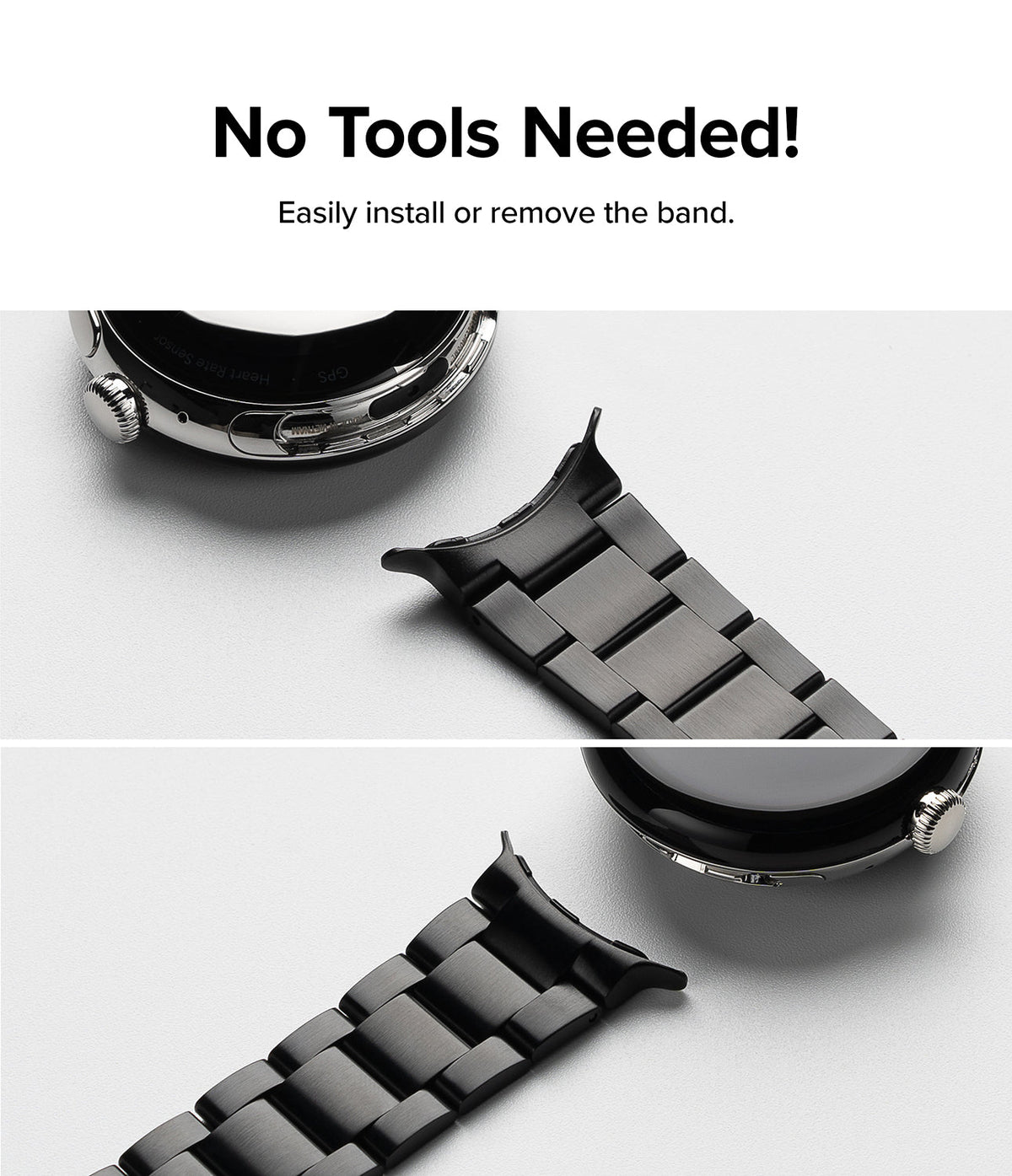 Google Pixel Watch | Metal One Band - Two panels showing a black metal watch band being attached to a Pixel Watch.
