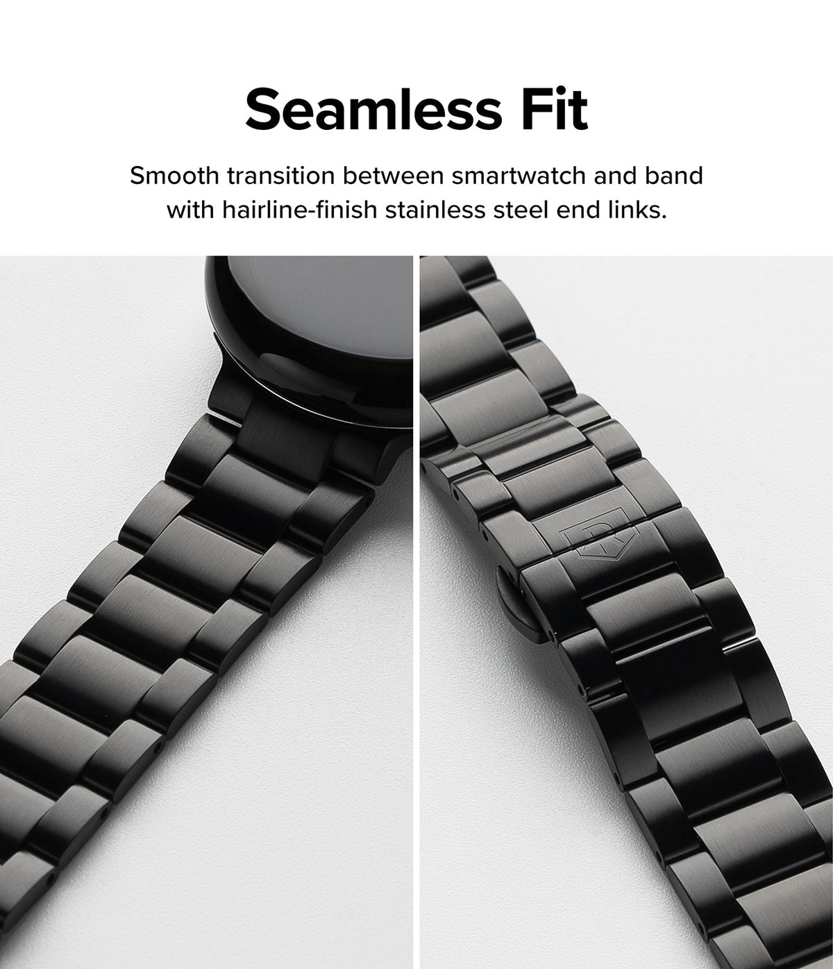 Google Pixel Watch | Metal One Band - Black stainless steel watch band showing a seamless connection to the watch face.