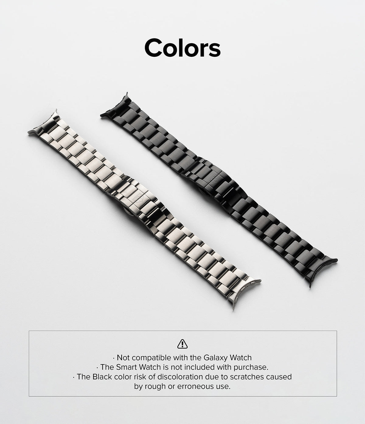Google Pixel Watch | Metal One Band - Silver and black metal link watch bands displayed side-by-side on a white background.