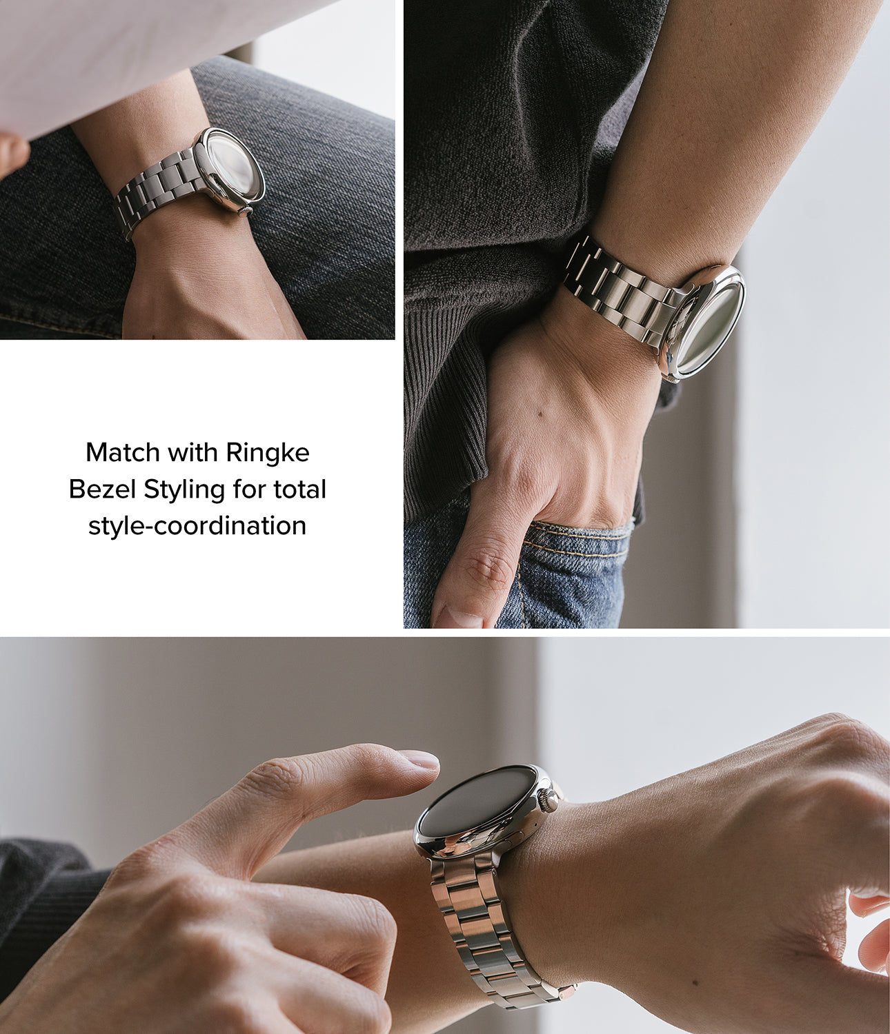 Google Pixel Watch | Metal One Band - Close-up views of a silver metal link watch band on a Google Pixel Watch.