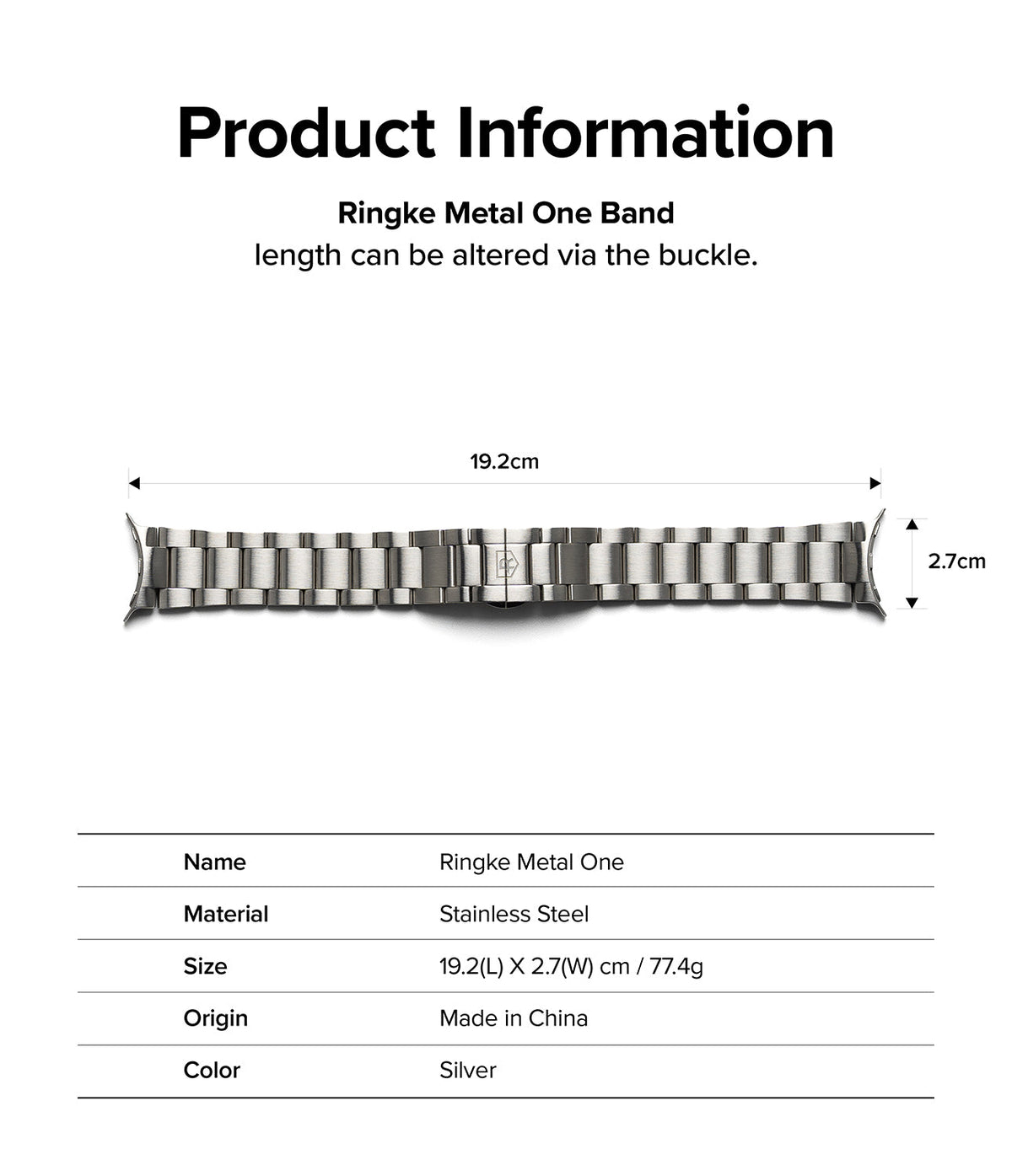 Google Pixel Watch | Metal One Band - Technical diagram of a silver stainless steel watch band with dimensions.