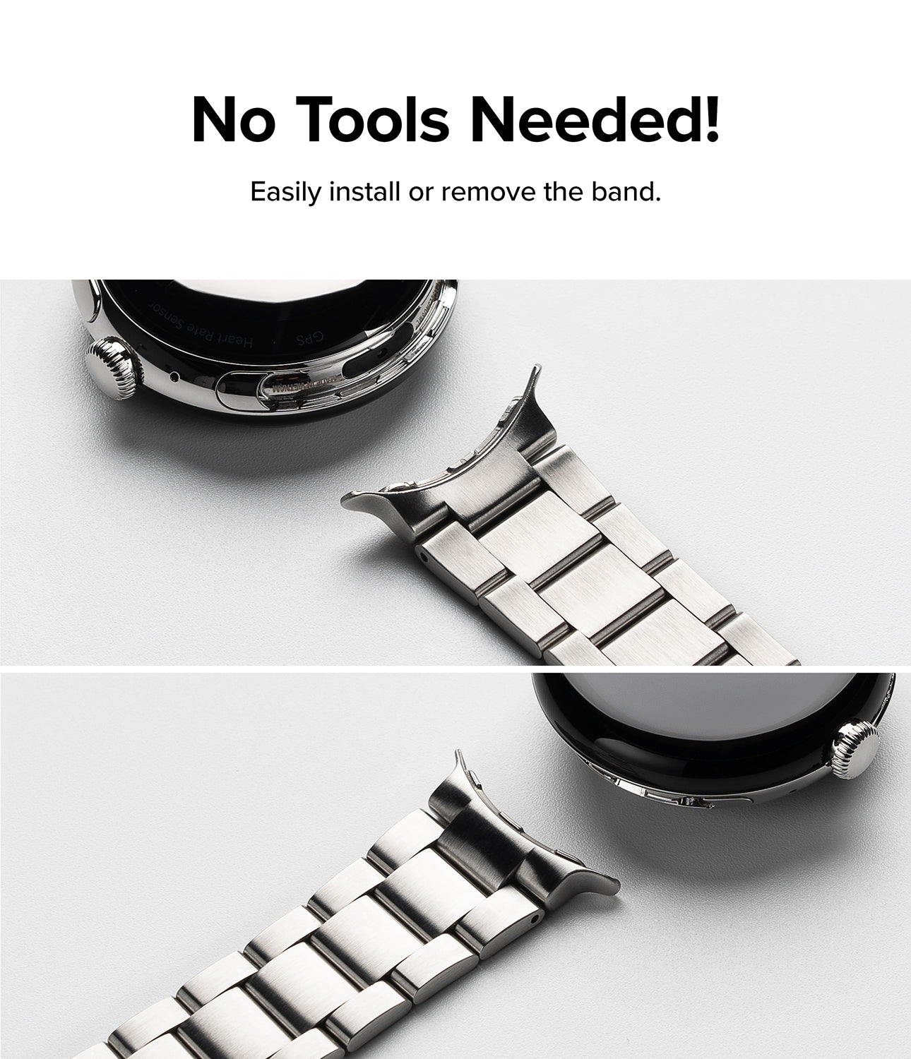 Google Pixel Watch | Metal One Band - Two panels showing a silver metal watch band attaching to a Pixel Watch case.