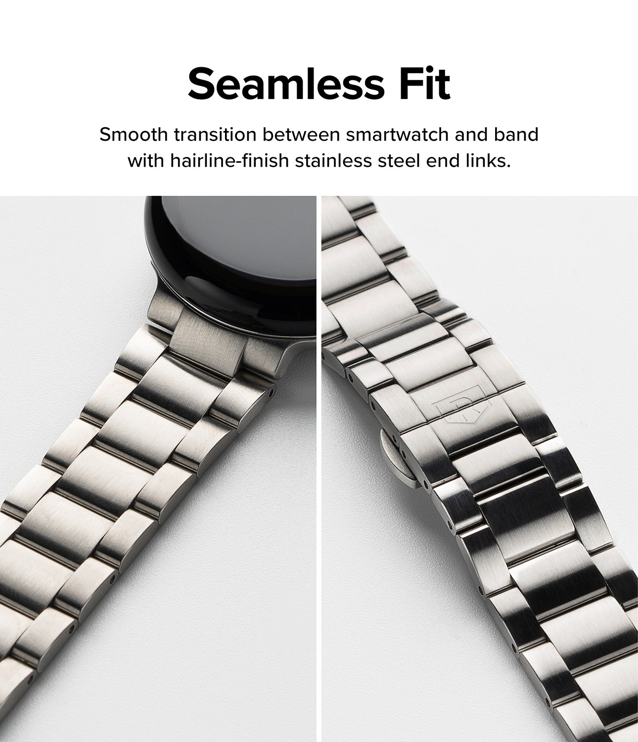 Google Pixel Watch | Metal One Band - Close-up of a brushed stainless steel watch band attached to a Pixel Watch.